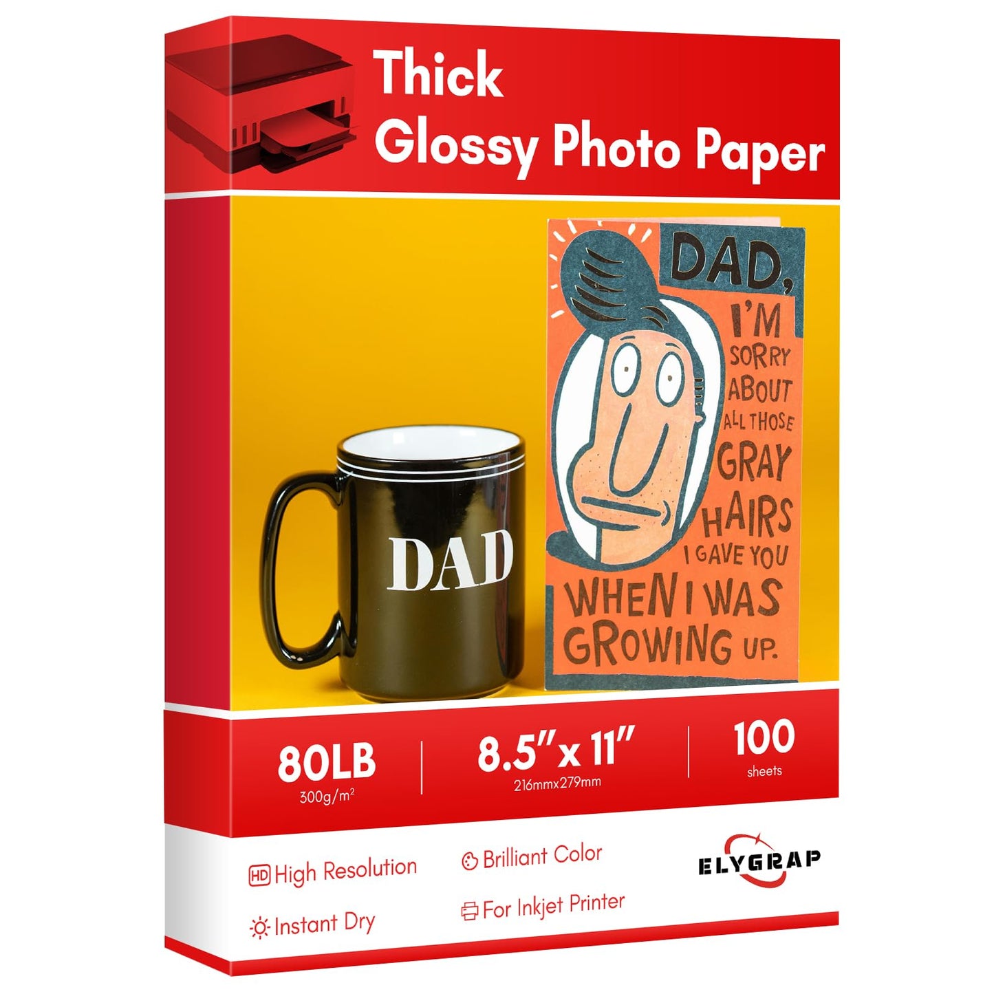 Elygrap Thick Glossy Photo Paper, 300gsm Heavyweight Cardstock Paper for Inkjet Printer and Dye Ink 8.5x11 inch - 100 Sheets for Brilliant Color & Clarity in Photos, Invitations, Postcards