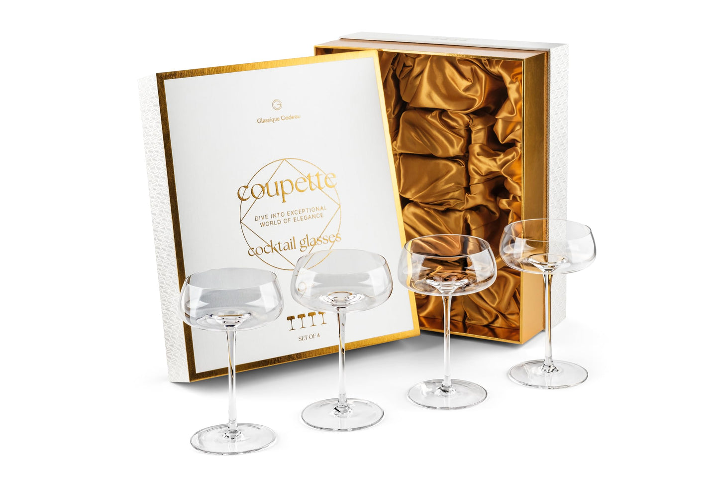Crystal Cocktail and Champagne Coupette Glasses | Set of 4 | 9 oz Elegant Long Stemmed Coupe Glassware for Espresso Martini, Daiquiri, Cosmopolitan, Gimlet | Fancy Round Saucers