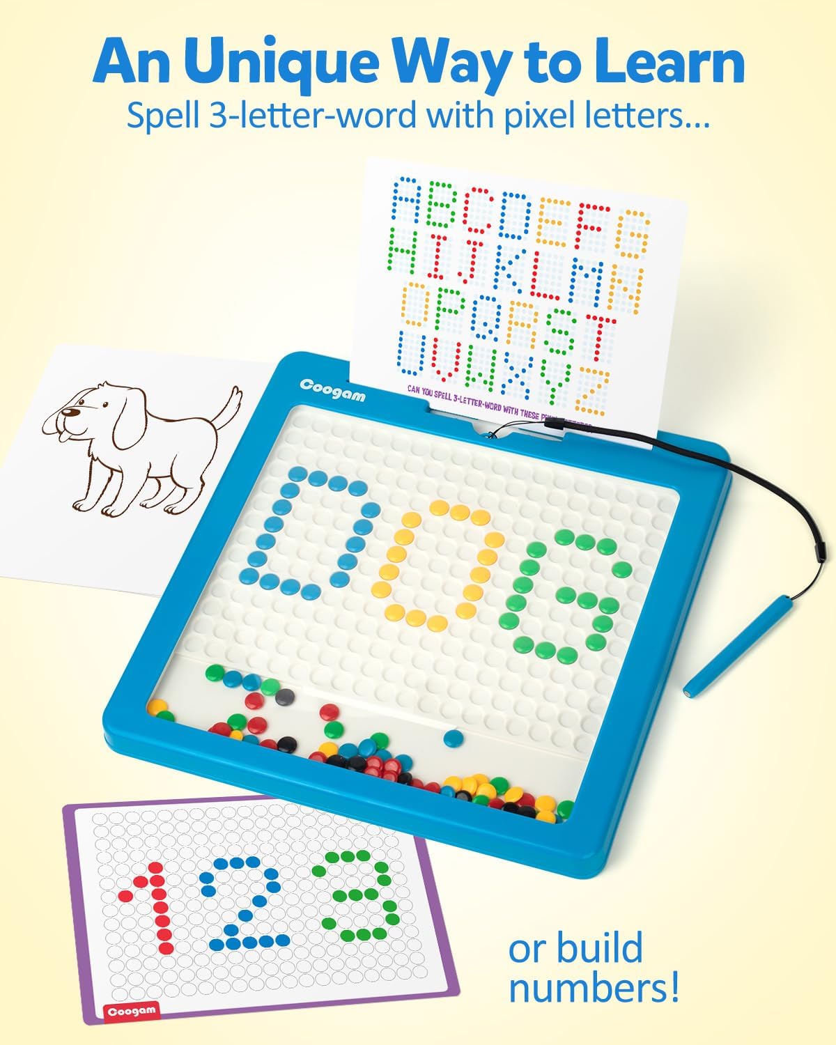 Coogam Magnetic Drawing Board, Large Magnet Doodle Board with Pen and Dot Beads, Color Shape Pattern Art Pad, Montessori Educational Traveling Toy Gift for Kids