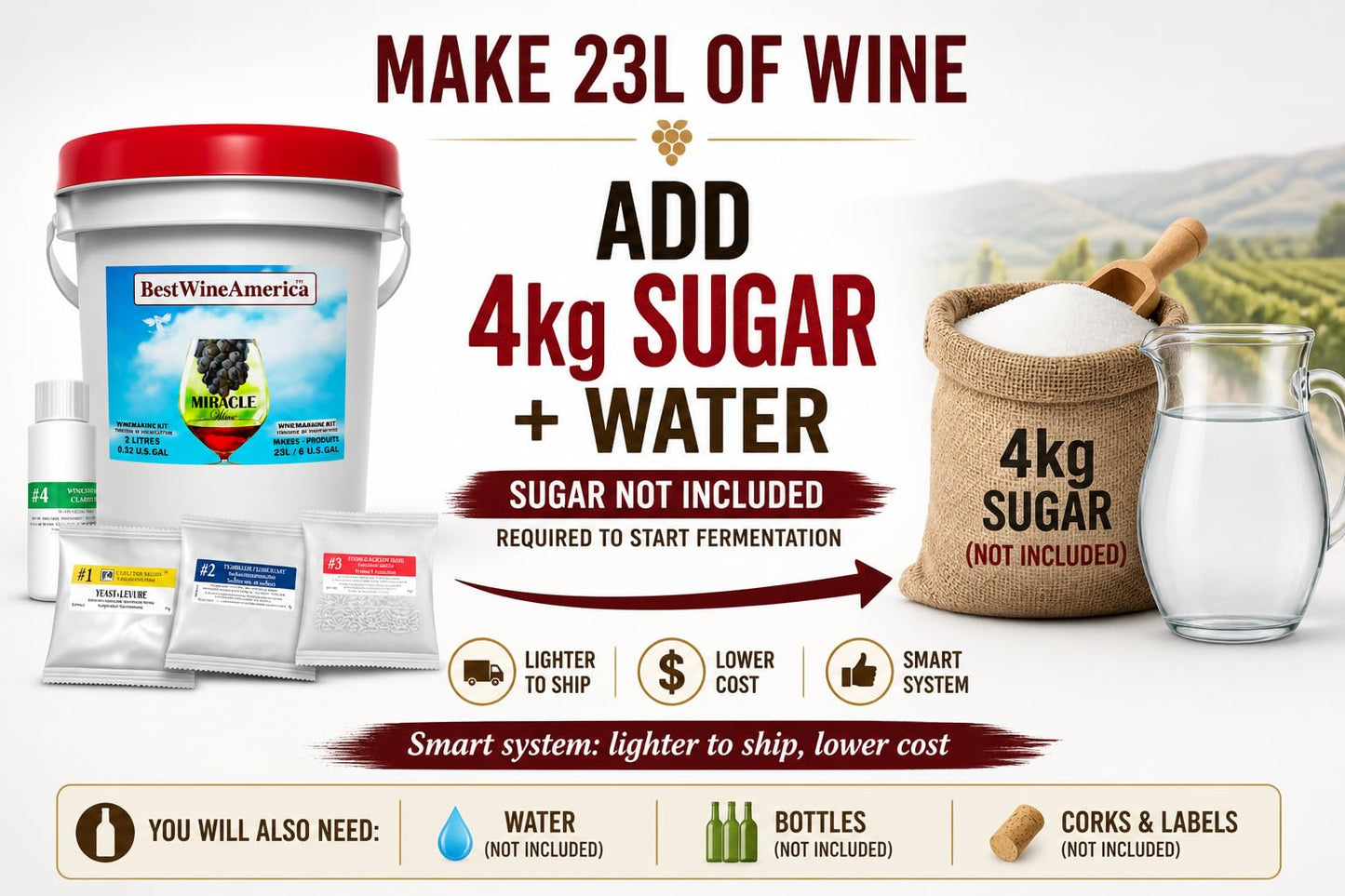 BestwineAmerica Miracle Grape Extraction – White Style Wine Making Kit – 2L Wine Kit Makes 23L of Wine (30 x 750 ml Bottles of Wine) - Pinot Grigio