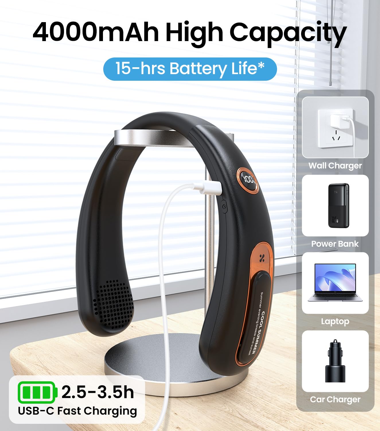 Neck Fan, Hands Free Bladeless Portable Neck Fan, 4000mAh USB Rechargeable Battery Fan, 3 Speed Personal Cooling Fan with 360° Airflow - for Hot Flashes Home Office Travel Outdoor Sports （Black)