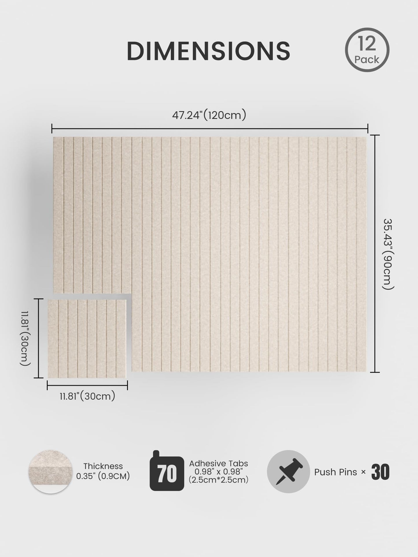 Large Cork Board Alternative - Slat Wall Paneling, Felt Bulletin Board Tiles for Office Decor, Push pin Board Office Wall Organizer -8 Vertical Stripes-12-Pack-Oatmeal