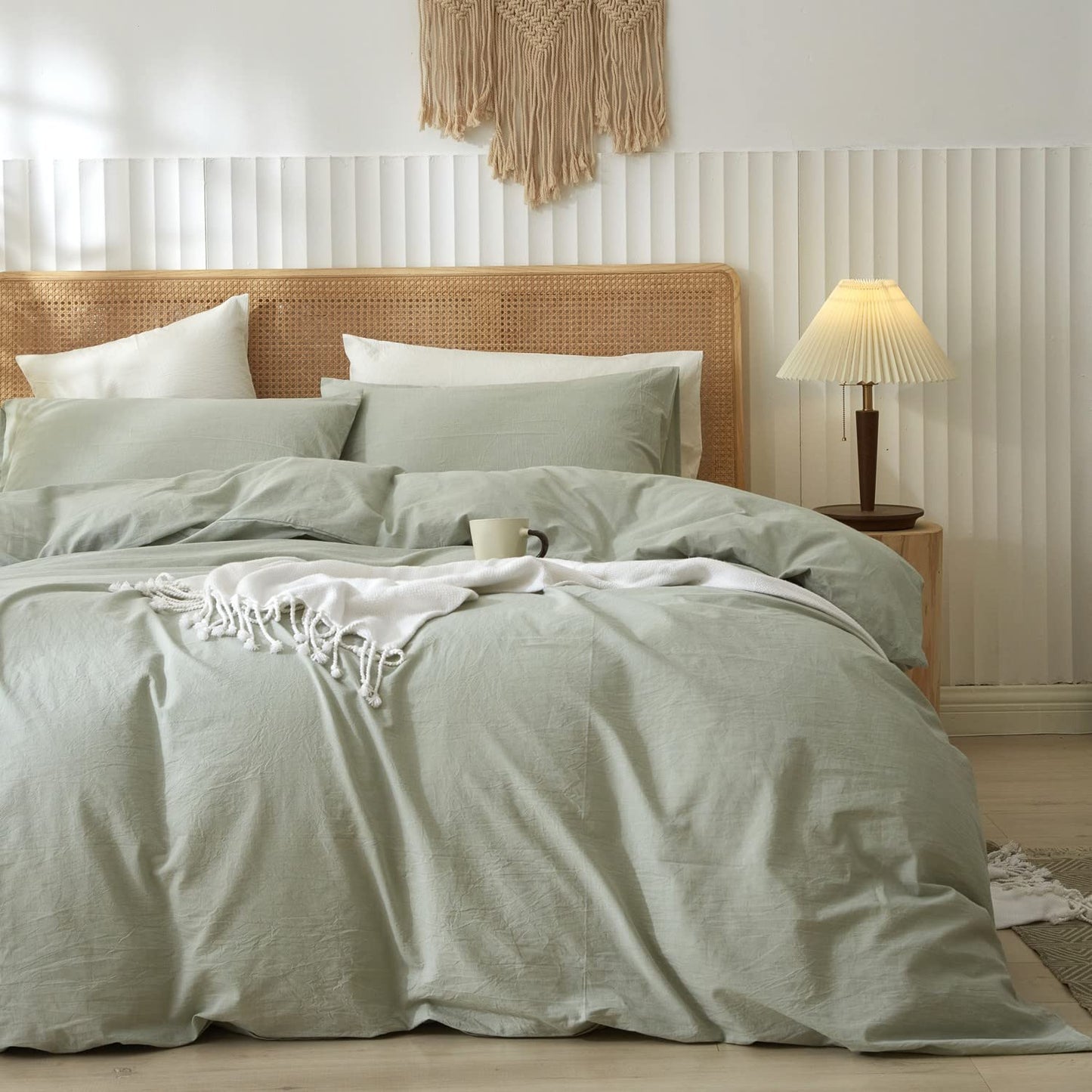 LIFETOWN 100% Washed Cotton Duvet Cover Set Linen Feel Natural Wrinkle Lightweight Comfy (Twin, Sage Green)