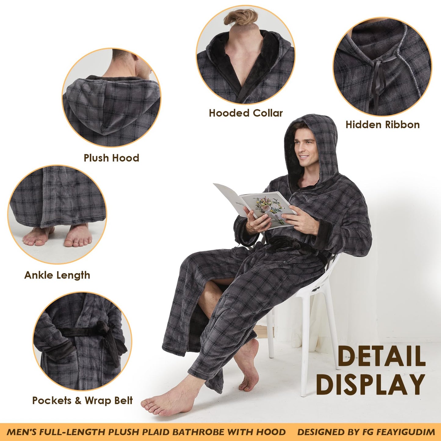 Mens Plush Plaid Hooded Robe, Full Length Fleece Big and Tall Bathrobe with Hood