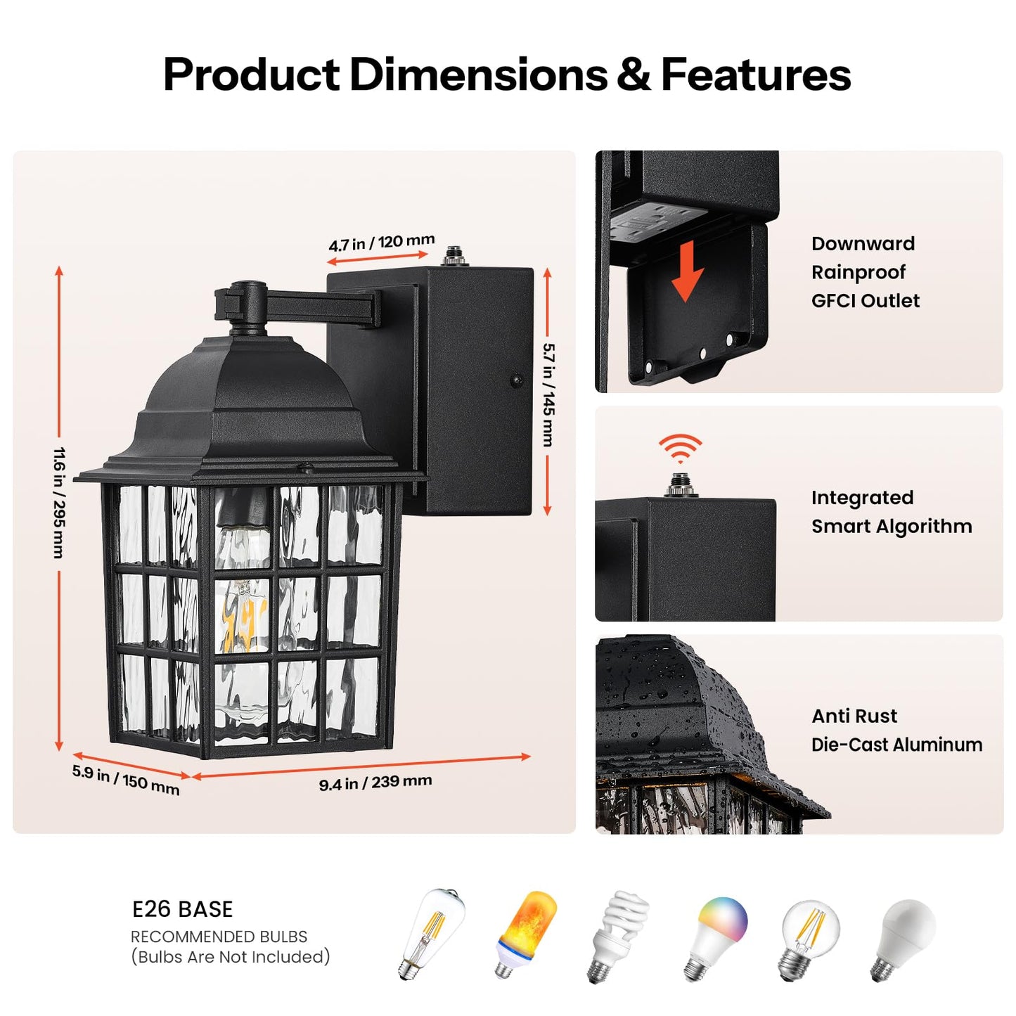 Gleamz Dusk to Dawn Outdoor Porch Light with GFCI Outlet, Modern Black Exterior Lighting Fixtures Wall Mount for House, Anti-Rust Outdoor Wall Sconce Lantern for Garage Coach with Water-Ripple Glass