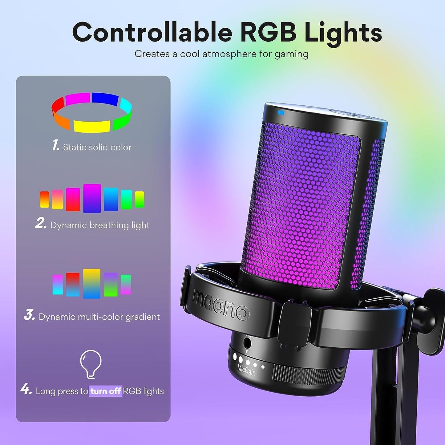 MAONO USB Gaming Microphone for PC, Noise Cancellation Condenser Mic with RGB Lights, Mute, Gain for Streaming, Recording, Podcast, Chat, Twitch, YouTube, Discord, Computer, PS5, PS4, DGM20 Black