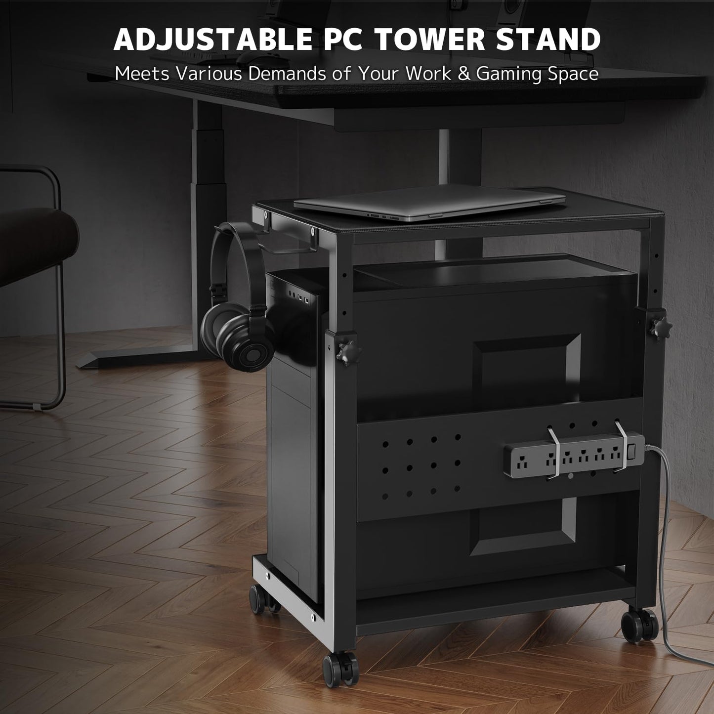 PUTORSEN Computer Tower Stand Cart - 2-Tier CPU Cart with 4 Casters, Rolling Holder with Pegboard & 2 Hooks, Height Adjustable from 20 7/16" to 30 1/4", for Office Home Gaming