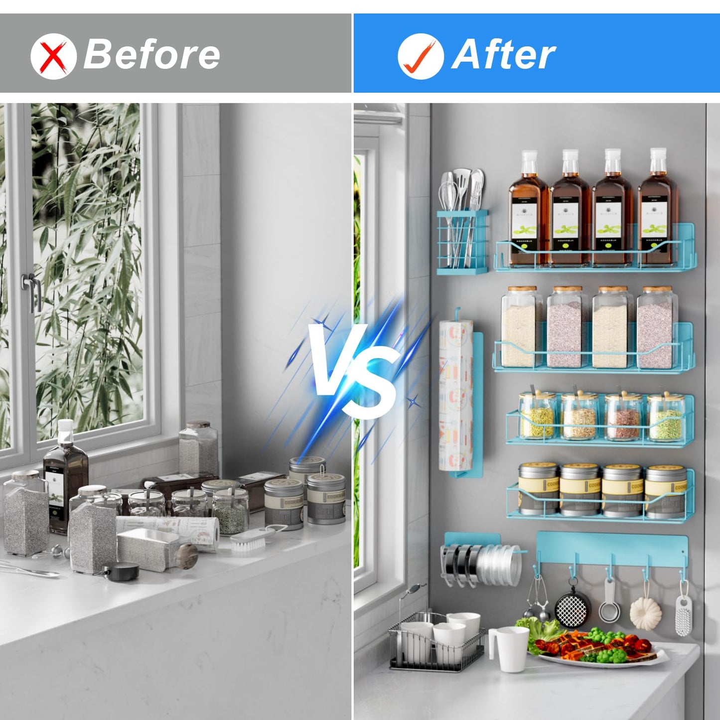 Magnetic Spice Rack for Refrigerator,8 Pack Magnetic Fridge Shelf, Moveable Spice Organizer with Hook Rack, Paper Towel Holder, Utensil Holder,cup lid holder, Super Magnetic Rack Set (Blue)