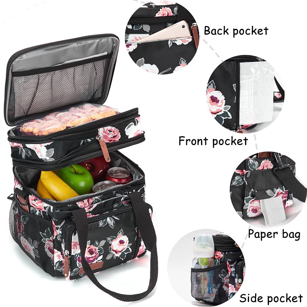 Lunch Bag Women Flower Insulated Lunch Box for Work, Expandable Large Lunch Bag, Leakproof Double Deck Lunch Box Cooler Bag with Removable Shoulder Strap（Flower）