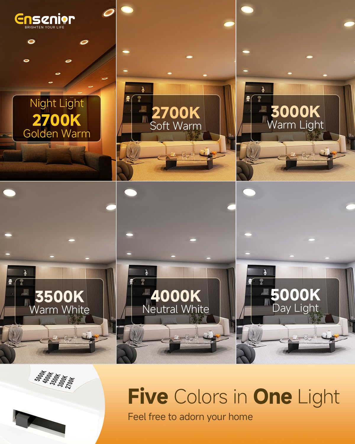 Ensenior 5/6 Inch 5CCT LED Pot Lights with Night Light 6 Pack, Retrofit Recessed Led Ceiling Lighting, Baffle Trim, Dimmable, 9W=110W, 1000LM, 2700K/3000K/3500K/4000K/5000K Selectable, IC Rated - FCC
