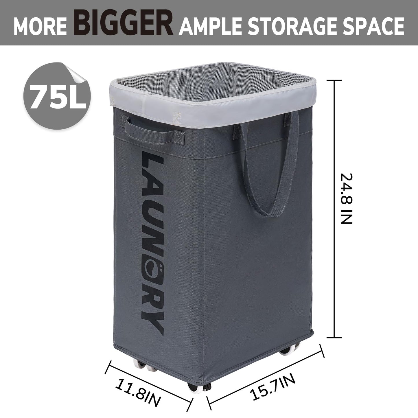 Goodpick Hamper with Wheels, 2-Pack 75L Foldable Laundry Baskets with Removable Wash Bags, Dirty Laundry Basket for Corner Dorm,Grey