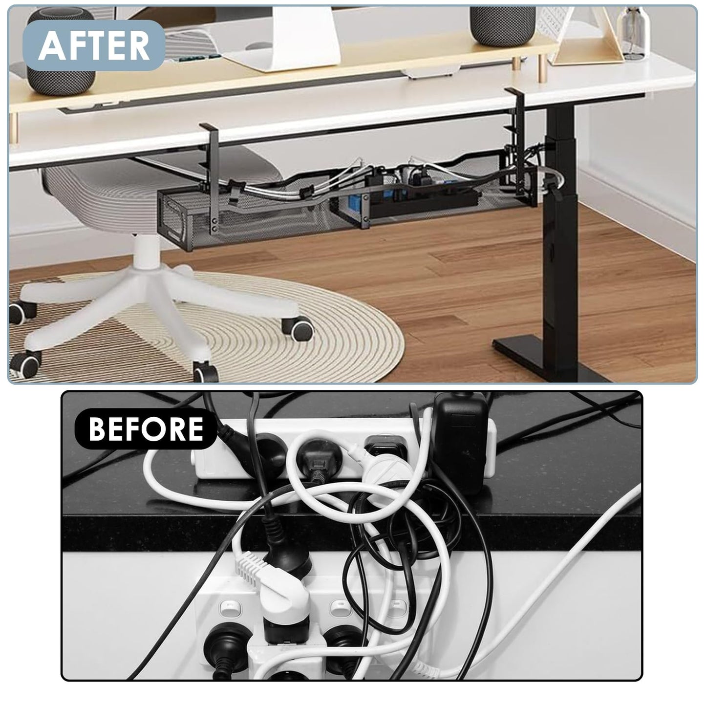 Cable Management, 64CM Cable Management Under Desk No Drill, Metal Cord Organizer with Clamp for Standing Desk, Cable Organizer for Home Office, Black