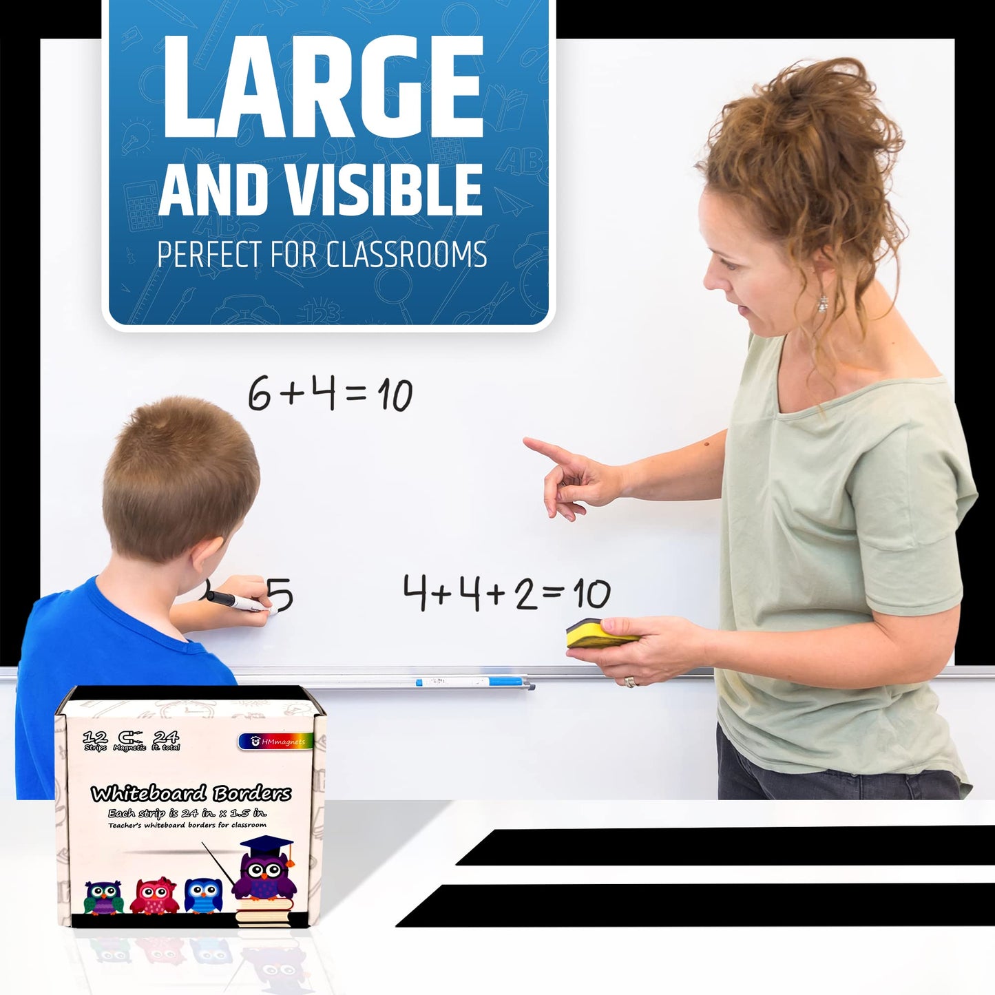 Strong & Wide Magnetic Borders for Classroom Whiteboard - Visible Magnetic Strips for Teachers (4 Designs Available) | Straight Plain - Black | 12 Strips of 1.5X24 Inch - 24 Feet Total