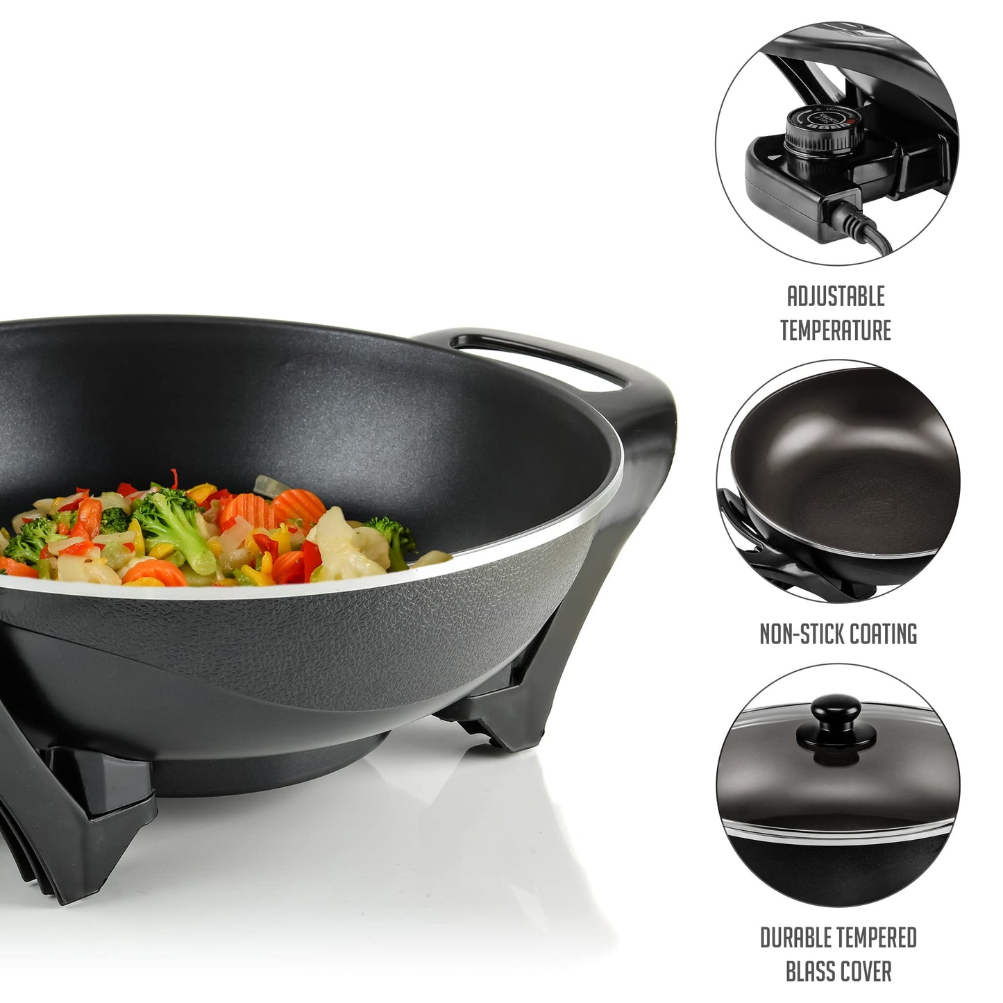 Ovente Sk3113B Non-Stick Electric Skillet with Aluminum Body, 13 Inch, Adjustable Temperature Controller/Regulator Included, Tempered Glass Cover, Cool-Touch Handles