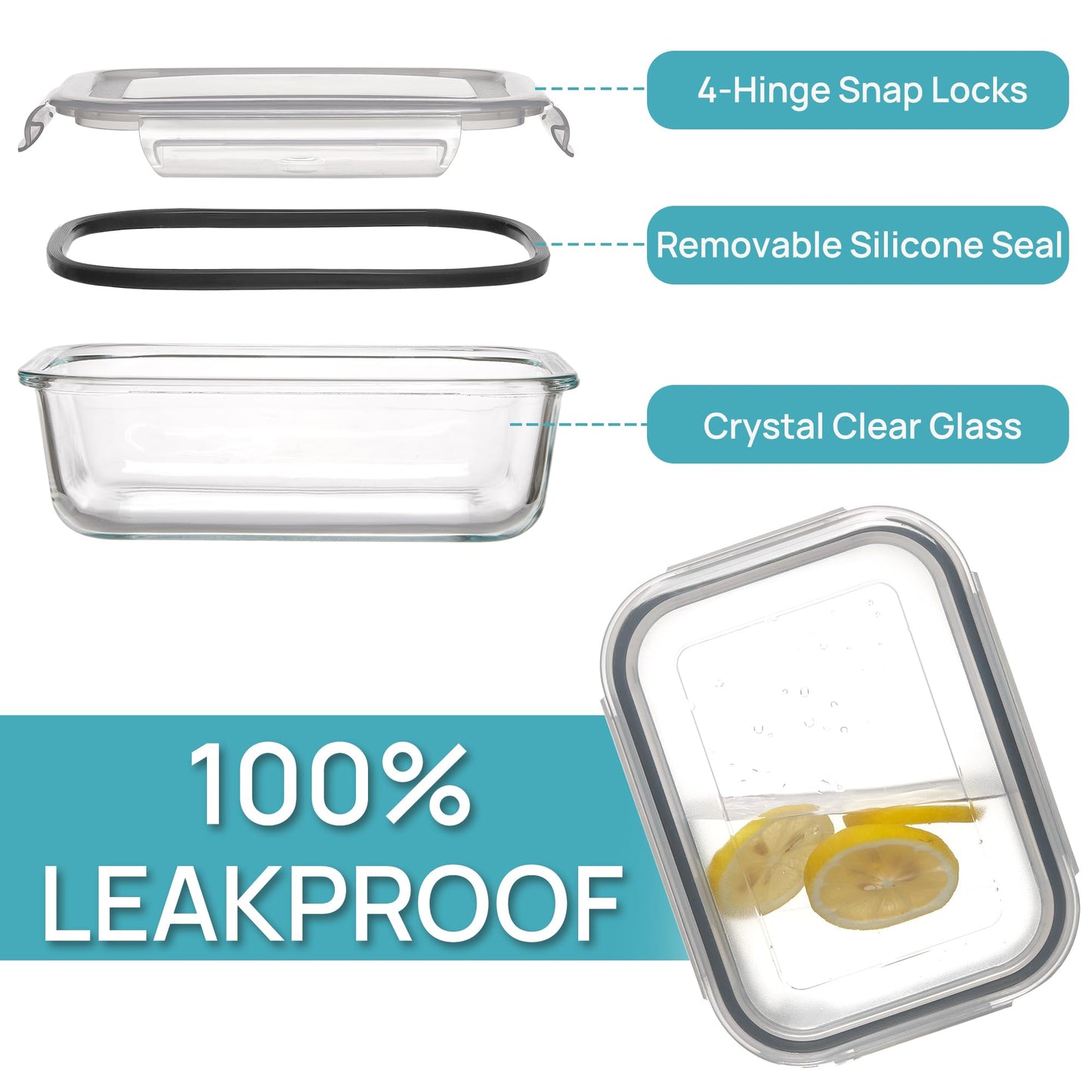 Vtopmart 5 Pack 36oz Glass Food Storage Containers with Lids, Meal Prep Containers, Airtight Lunch Containers Bento Boxes with Snap Locking Lids for Microwave, Oven, Freezer and Dishwasher