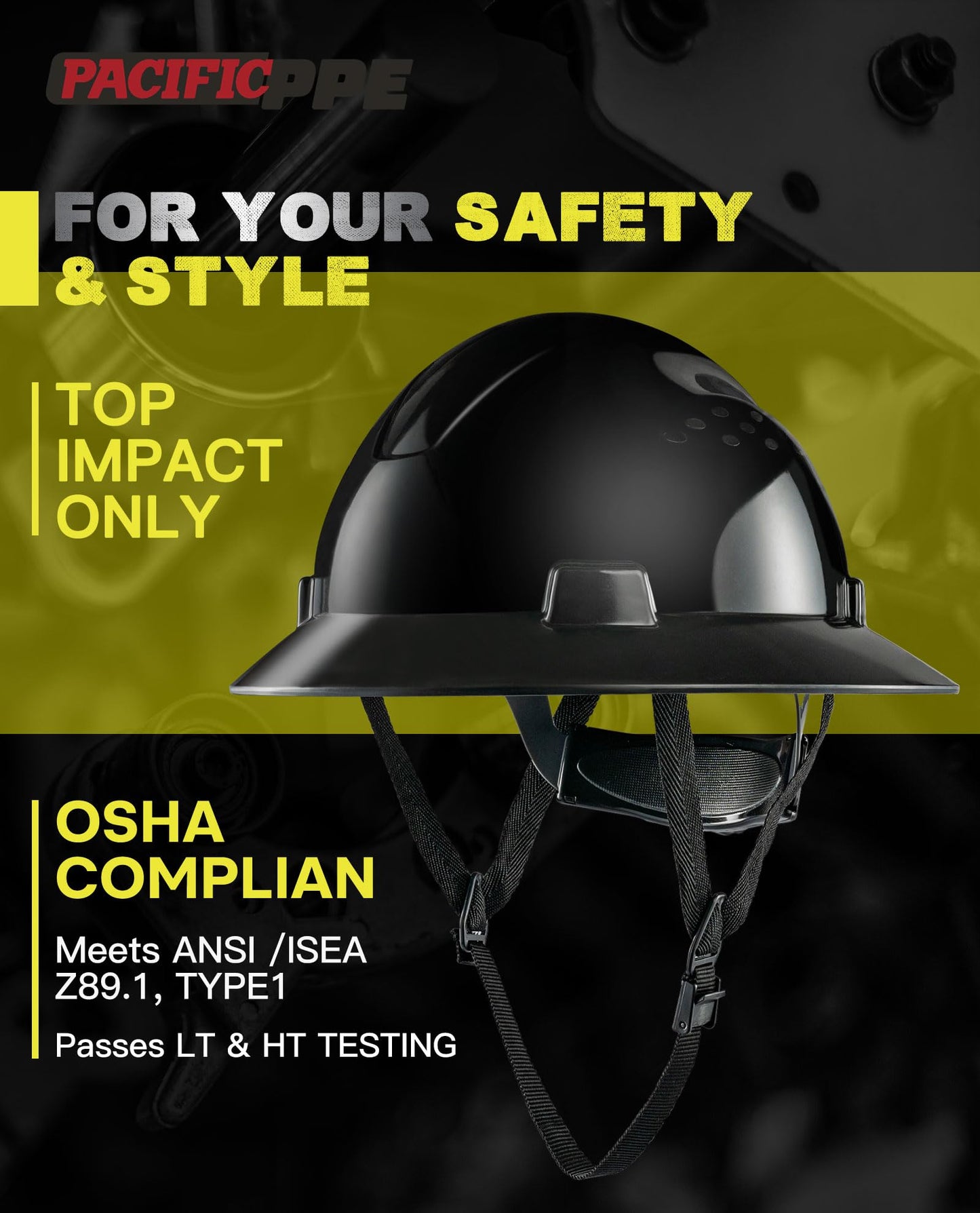 PACIFIC PPE Full Brim Hard Hat, OSHA Construction Safety Helmet Certified to ANSI Z89, 4 Point Adjustable Ratchet Suspension, Class E, G & C, Black