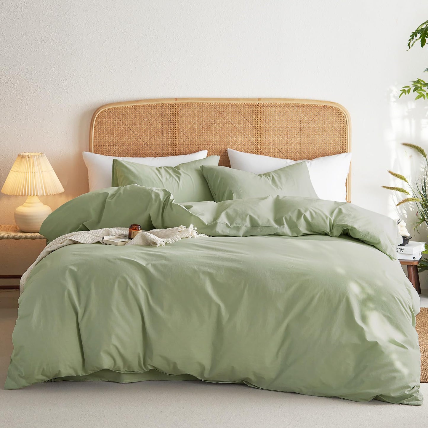 Wake In Cloud - Sage Green Cotton Duvet Cover Set, Queen Size, 100% Washed Cotton Plain Solid Color, Linen Like Textured, Breathable Durable Farmhouse Neutral Bedding Set, 3 Pieces