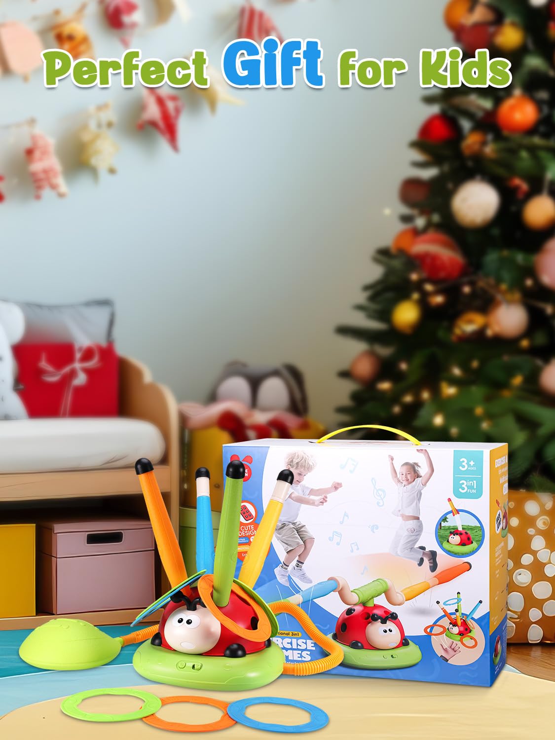 3 in 1 Children's Sports Set, Musical Jump, Toss Ring Game Toys, Stomping Launch Rocket Launcher for Kids, Sports Outdoors Toy for Ages 5-7 with Remote Control Outside Toys for Kids Ages 3 4 5 6 7 8 9