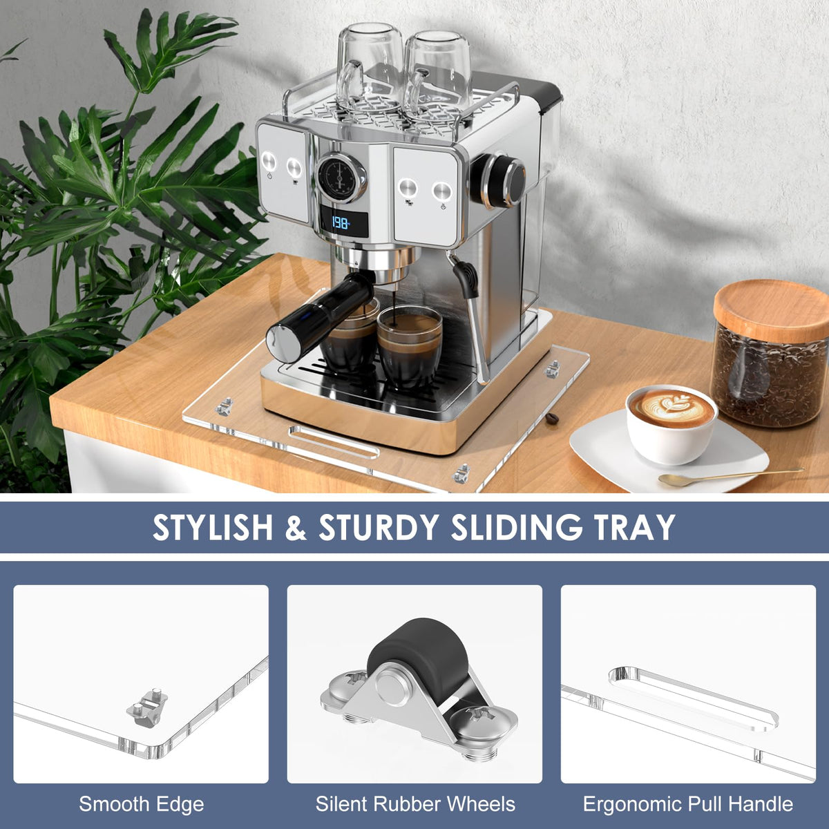 PUDASTO Appliance Sliders with Rubber Wheels, 14" x 13" Acrylic Coffee Pot Slider Tray for Countertop Moving, Sliding Tray for Coffee Maker, Stand Mixer, Toaster & Heavy Kitchen Appliances (Clear)