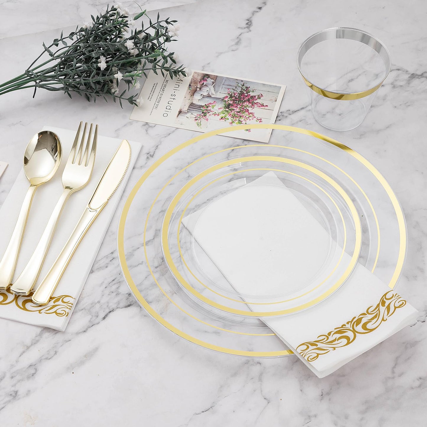 BESTVIP 50PCS 7" Clear Gold Plastic Plates, Small Disposable Salad Dessert Plate with Gold Rim, Heavy Duty Disposable Plastic Plates for Party, Wedding and Birthday, Events