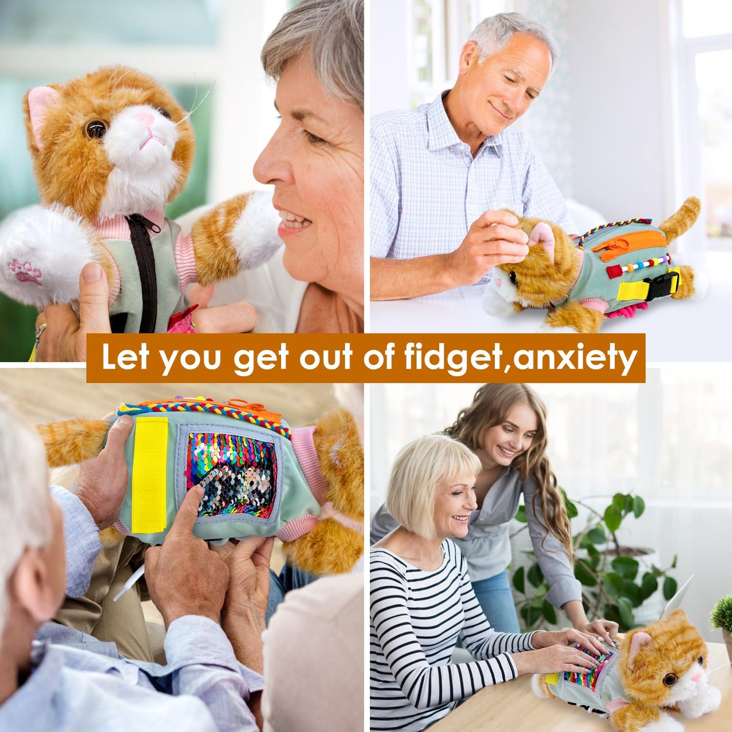 Fidget Muff Cat for Elderly | Dementia Alzheimer’s Therapy Activity Fidget Blanket for Adults with Stuffed Cat Fidget Anxiety Relief Solutions Memory Loss | Fidget Blanket for Alzheimer's Activities