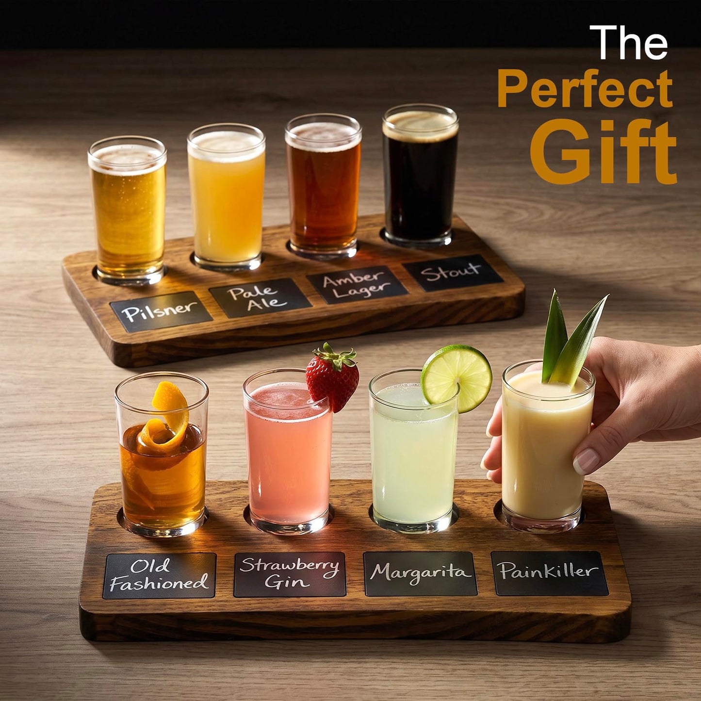 MyGift 4-Glass Dark Brown Wood Beer Flight Sampler Serving Tray with Chalkboard Labels, Set of 2
