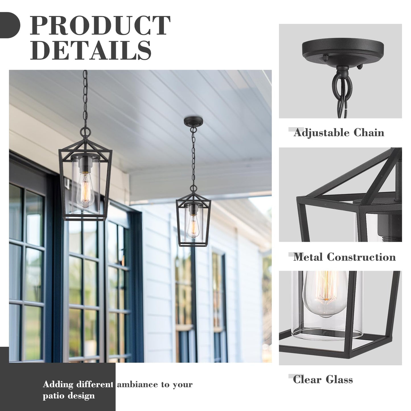 Emliviar Modern Outdoor Pendant Light, 1-Light Outdoor Hanging Lantern Light in Black Finish with Clear Glass, 20065H BK