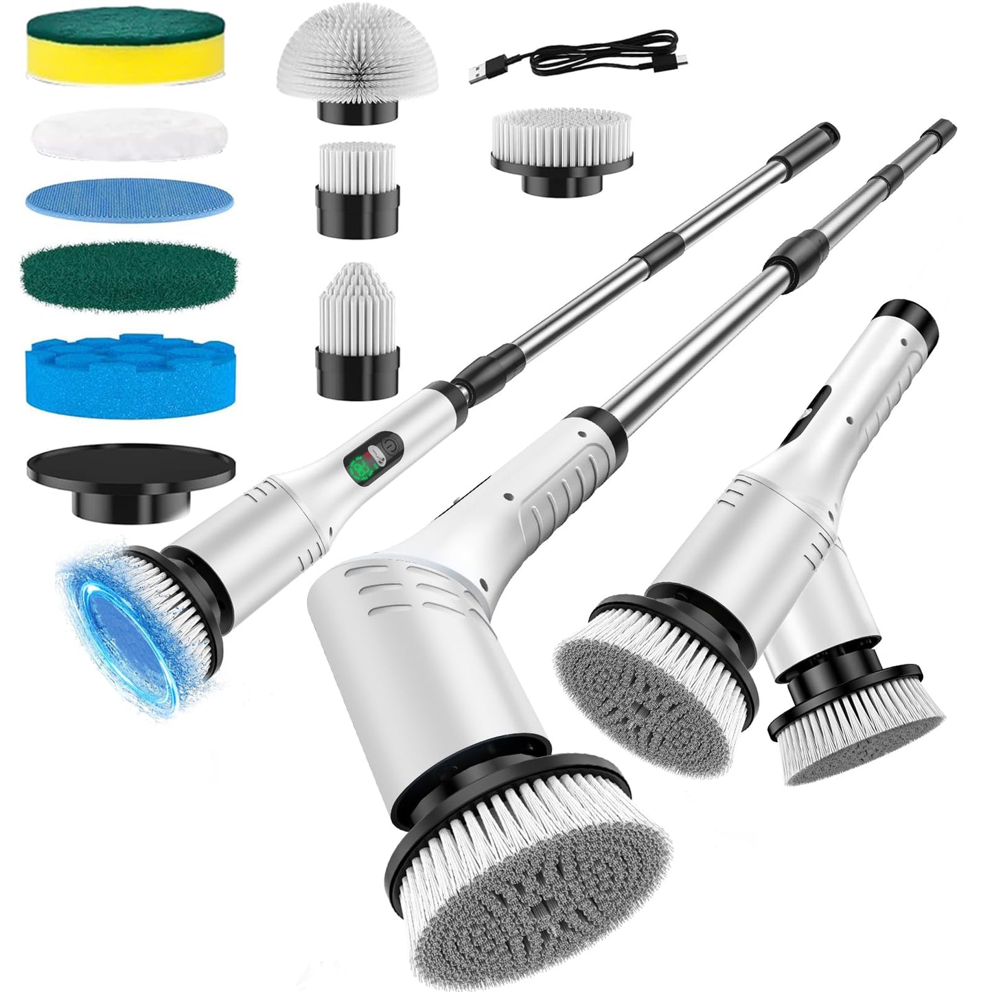 Electric Spin Scrubber, Cordless Cleaning Brush with Adjustable Extension Handle and 9 Replaceable Brush Heads, USB Rechargeable Electric Spin Scrubber for Bathroom