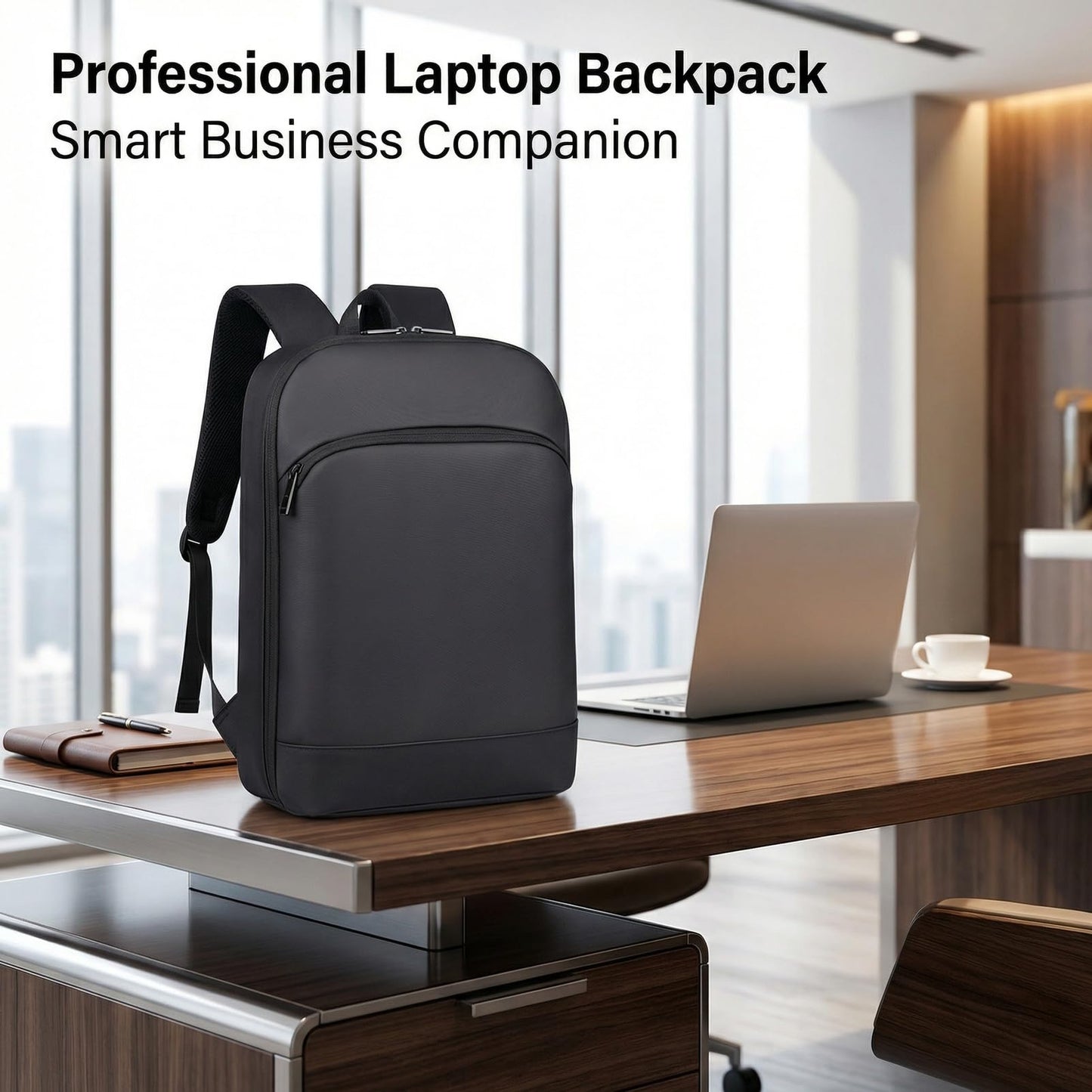 Expandable Laptop Backpack for Men, 15.6 Inch Business Computer Bag, Professional Backpack with Luggage Strap, Water-Resistant Daypack for Office, Travel & Commute (Black)