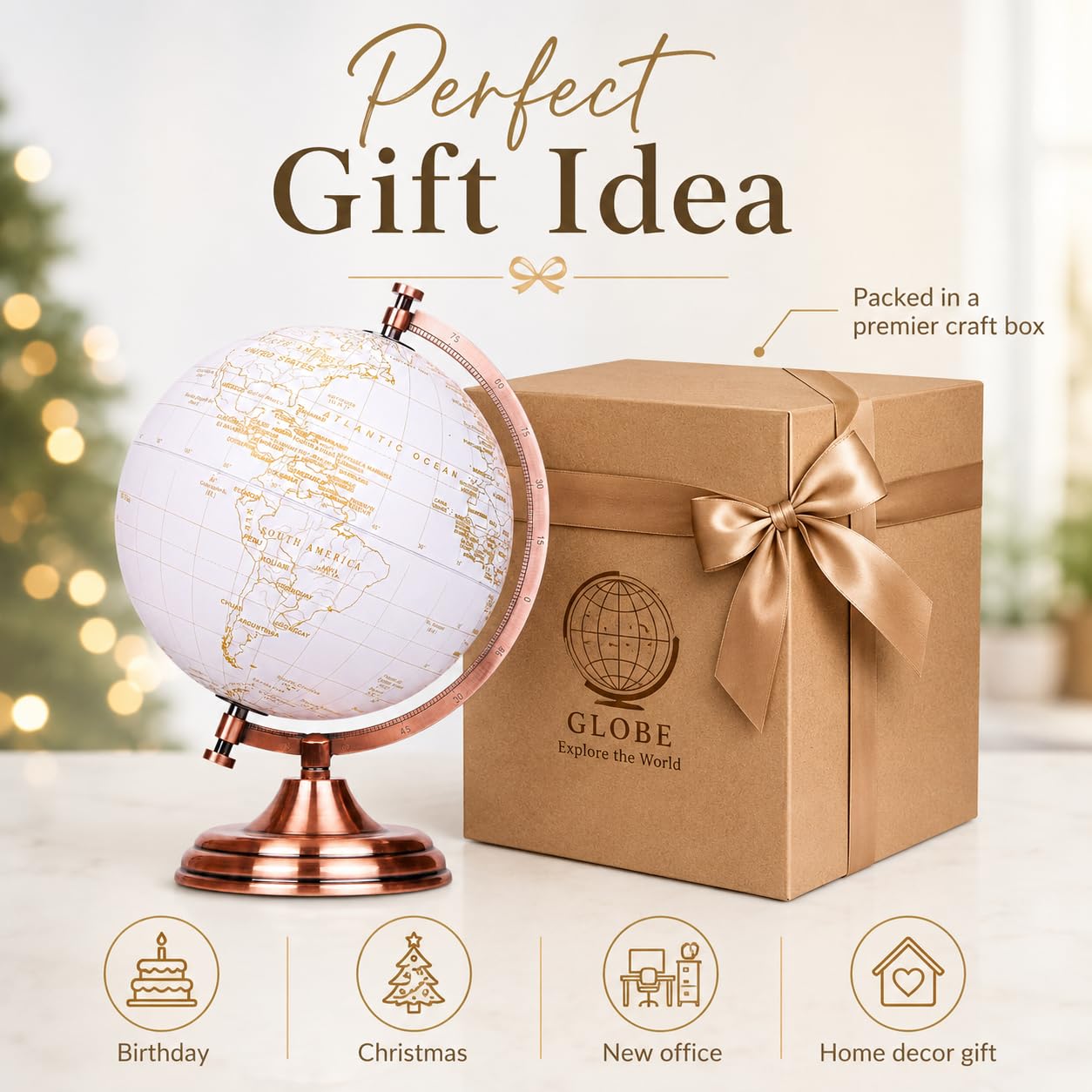 Exerz 20cm(8") Globe Golden and White - Wedding Globe Guest Book - Bronze Metal Arc and Base, Coated in Golden Colour in White (English)