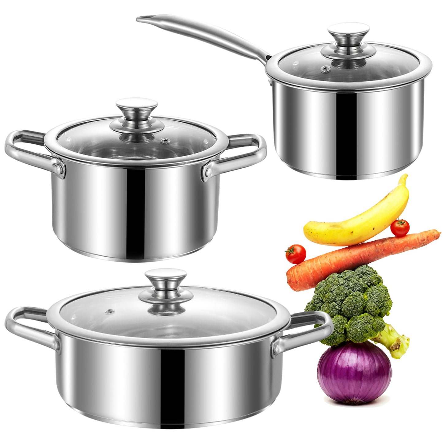 SHEUMNT Stainless Steel pots and Pans Set, 6 Piece Nonstick Kitchen Induction Cookware Set,Works with Induction/Electric and Gas Cooktops, Nonstick, Oven & Dishwasher Safe