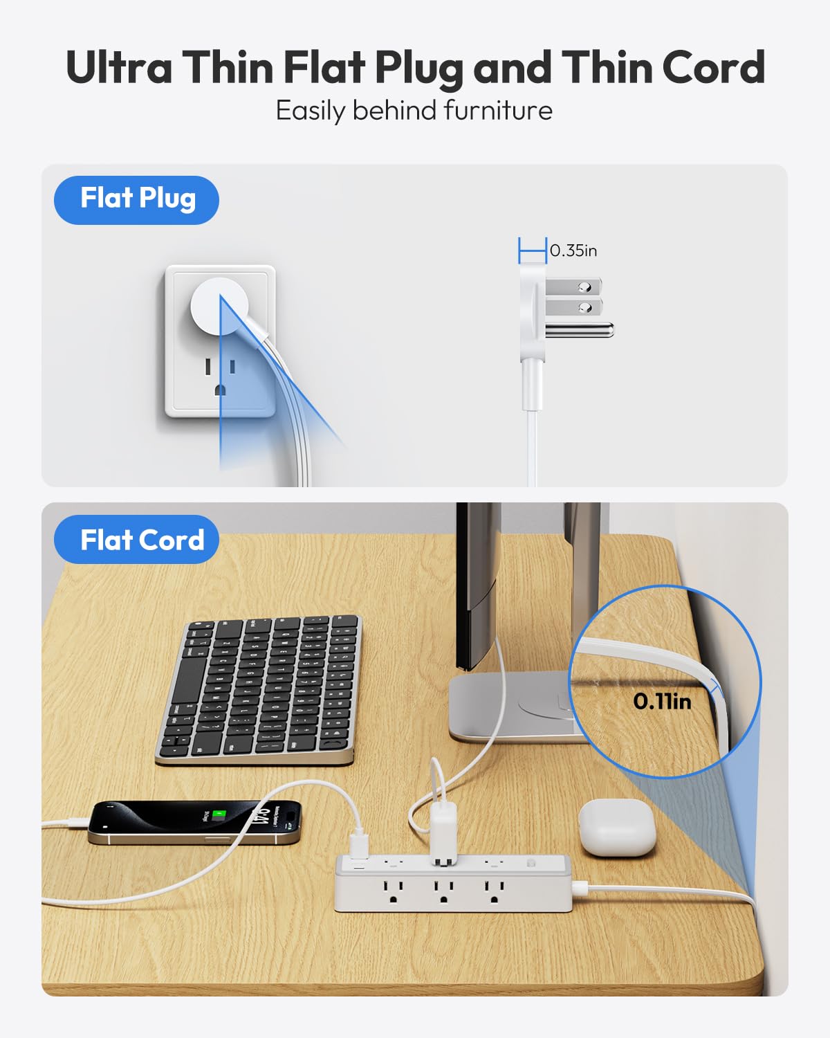 Flat Extension Cord 25 FT-NTONPOWER Surge Protector Power Bar with 9 Widely Outlets 3 USB (1 USB C), 1080J,Long Extension Cord with Multiple Outlets, 3 Side Extender, Mounted, for Home Office,White