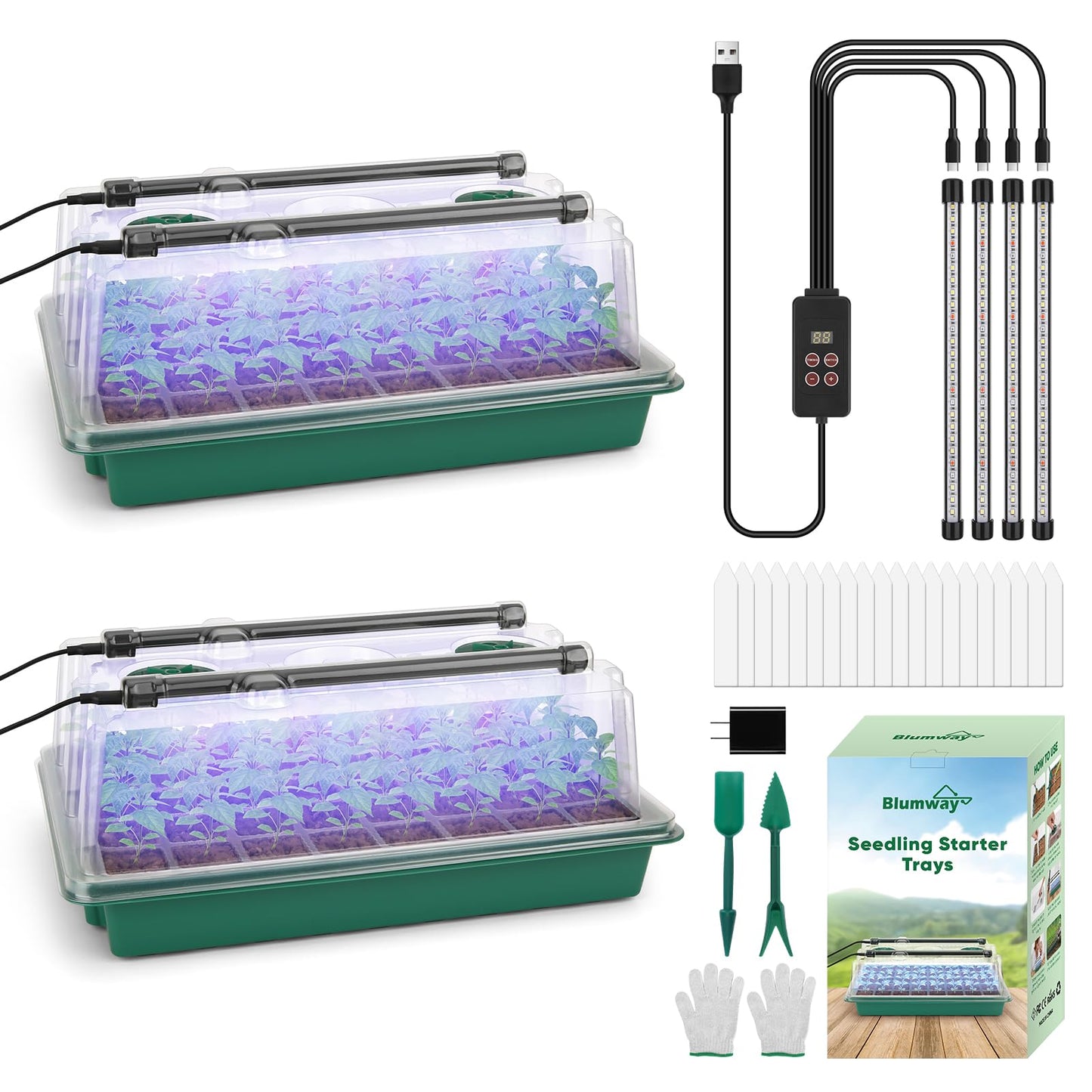 BlumWay Seed Starter Tray with Grow Light,80-Cells Seedling Tray with Humidity Dome/Indoor Grow Kit,1-24 Hours Timed Light Plant Starter Set