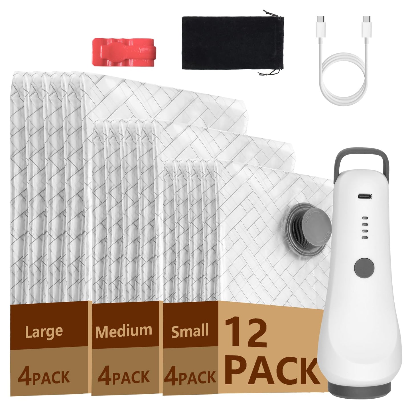 Vacuum Storage Bags with Rechargeable Wireless Pump, 12 Pack(4L/4M/4S) Portable Space Saver Bags, Reusable Vacuum Seal Bags for Travel & Home, Used for Storing Clothes and Bedding (White)