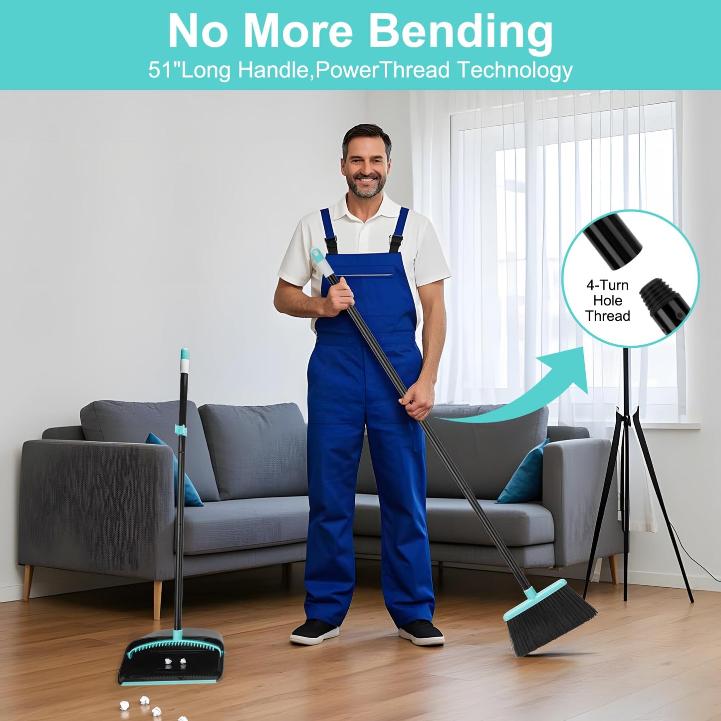 Broom and Dust pan with 52Inch Long Extendable Handle,Broom with Dustpan Combo Set, Standing Broom Sets for Indoor Kitchen Room Office Lobby Floor Cleaning