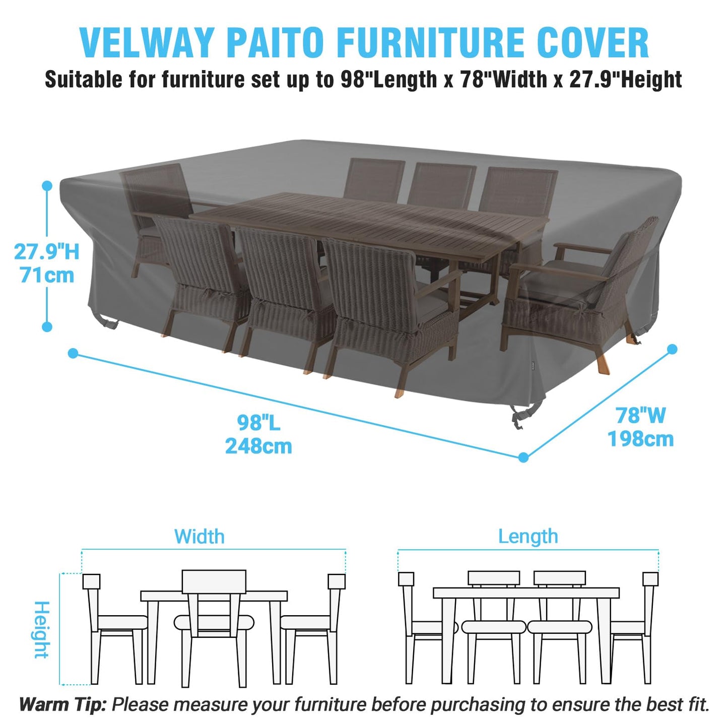 Velway Patio Furniture Cover Outdoor, Waterproof Rectangular Patio Table Chair Set Cover, 98 Lx78 Wx32 H, All Weather Oxford Tear Resistant Sectional Sofa Set Covers with Windproof Design, Black