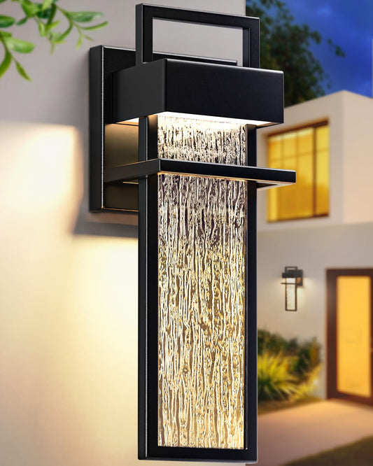 15'' Outdoor Wall Lights, Modern Porch Light 3000K Integrated LED Outdoor Sconce, Exterior Lighting Fixtures with Rippled Glass, Waterproof Outside Lights for House Garage Patio, Black, 1 Pack