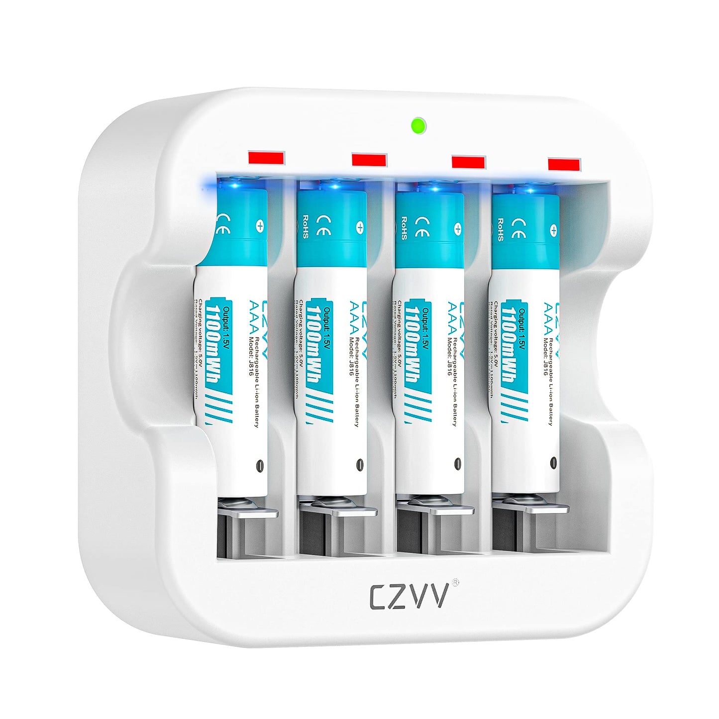 Rechargeable AAA Lithium 1.5V Batteries - Full-Recharged 4 Pack with 2H Ultra Fast Charger for Household Office Devices, Long-Lasting High-Capacity 1100mWh, Cycle Times up to 1300x, Constant Output