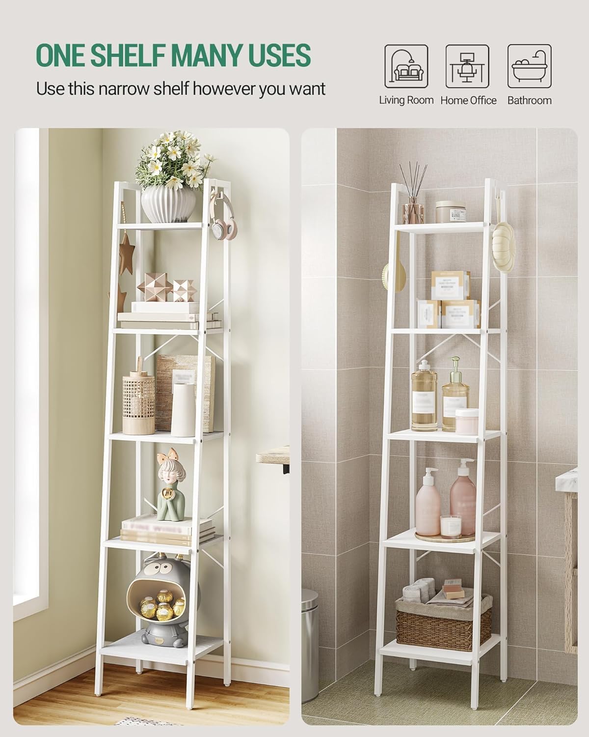 Hzuaneri Ladder Shelf, Bookshelf Bookcase, Freestanding Corner Storage Shelve with 2 Hooks for Home Office, Living Room, Kitchen, Bedroom, Industrial, 5-Tier White BC03213W
