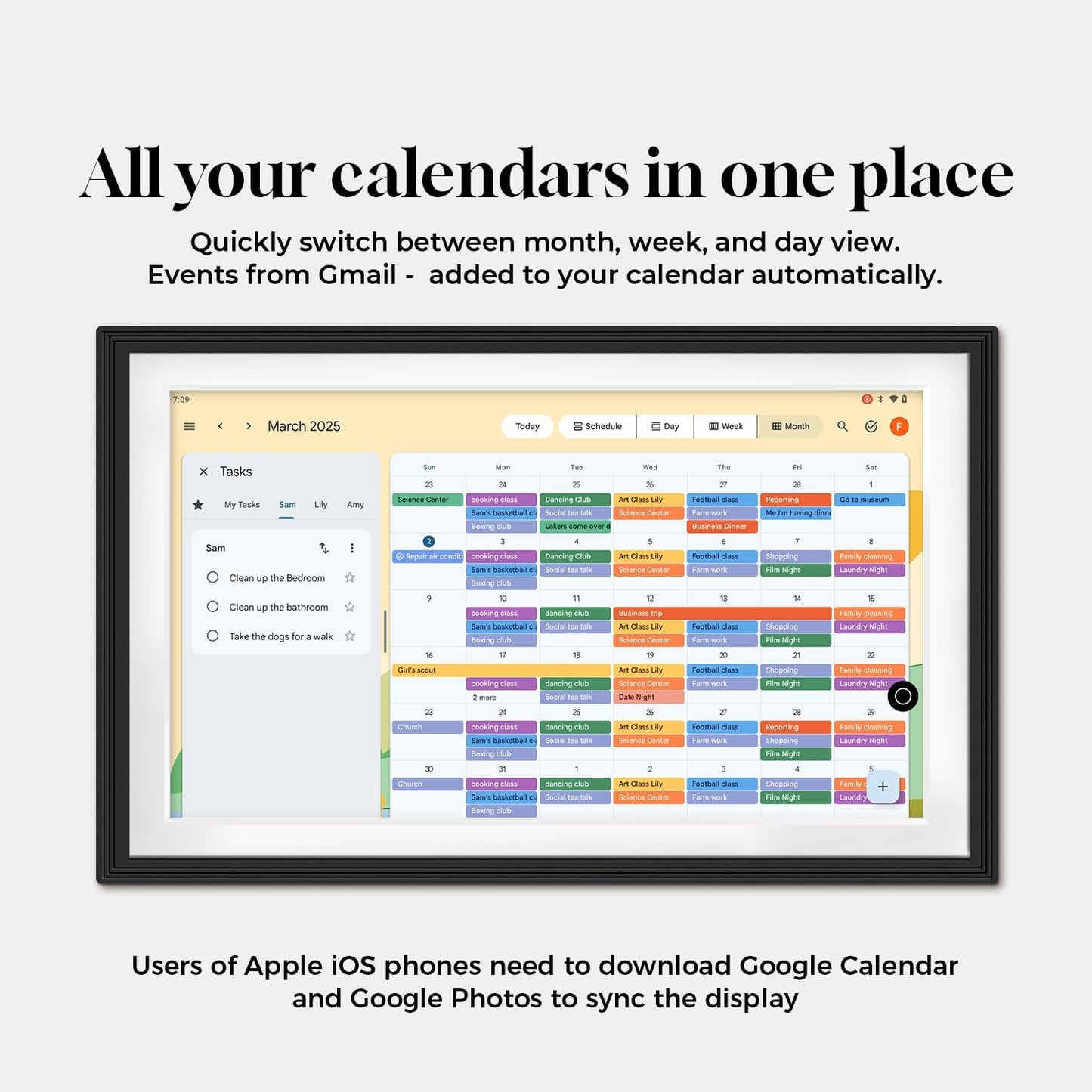 10.1" Digital Google Calendar:Chore Chart and Planner for Family Schedules|Picture Frame with Anti-Glare Touchscreen|Wall-Mount or Desktop|Google Voice Assistant,Home Hub,App Store|Li-Battery&Speakers