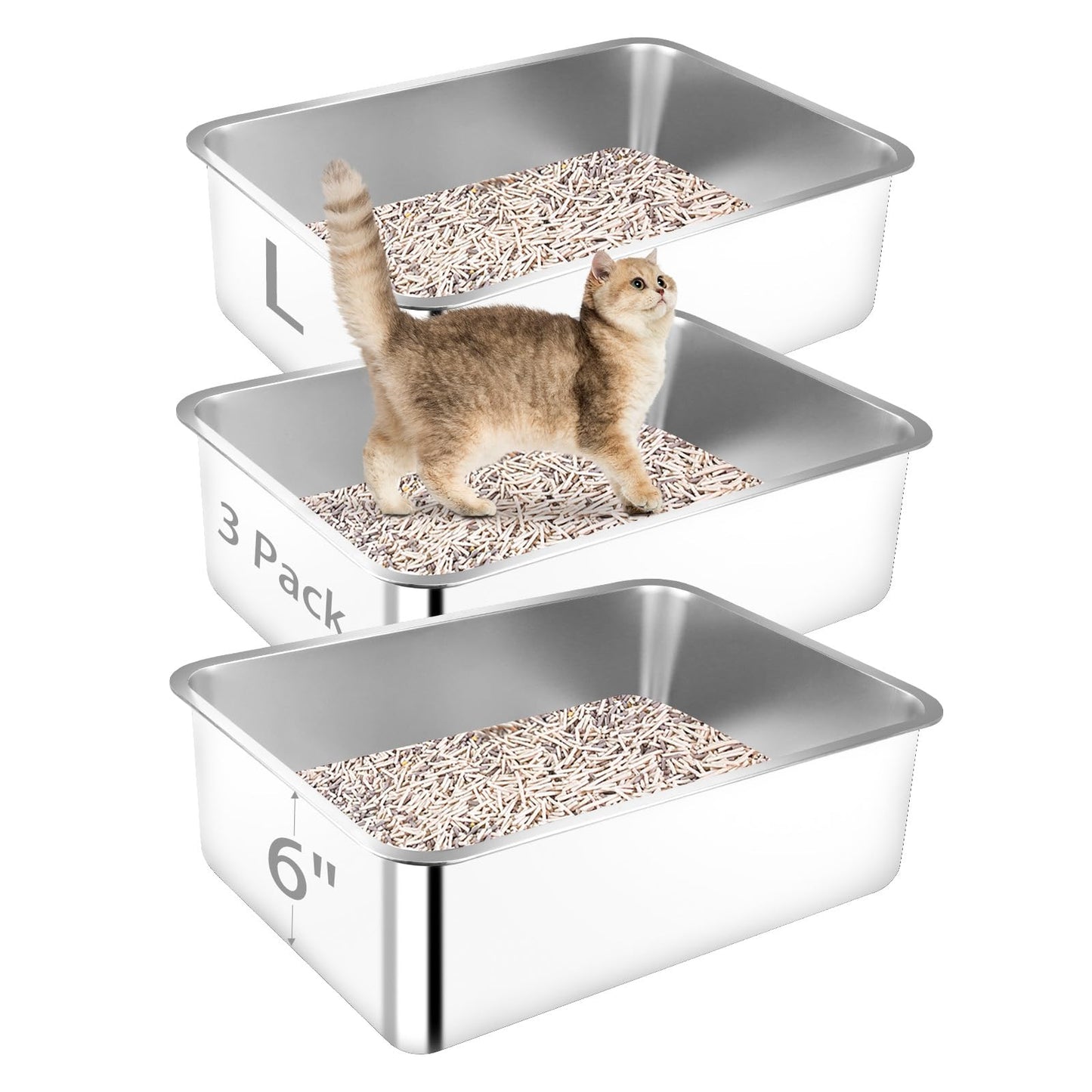 Bartuke 3 Pack Stainless Steel Litter Box, 50x 35x 15cm Large Metal High Sided Cat Litter Pan, Stainless Steel Box Splash-Proof and Non-Stick Cat Poop Box odorless