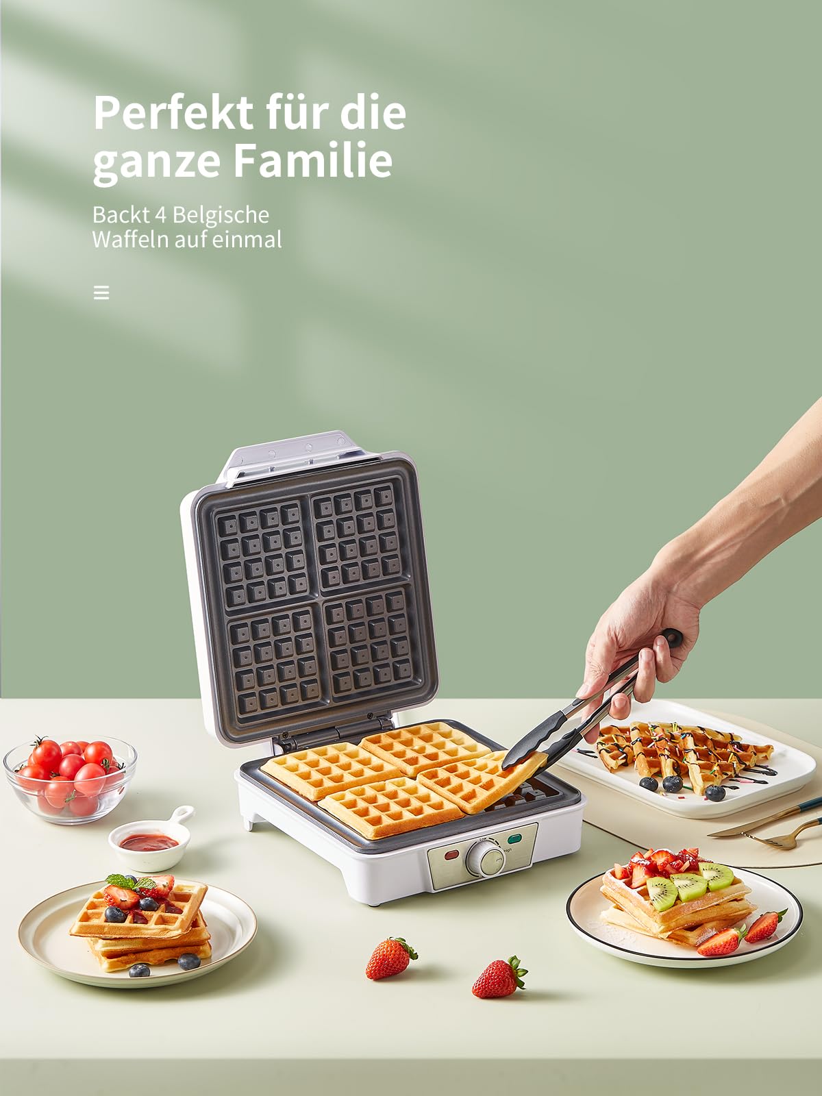 Belgian Waffle Maker 4 Slices, 1200W Waffle Iron, Anti-Overflow Waffle Iron with Adjustable Knob, Nonstick Plates, Indicator Lights, White