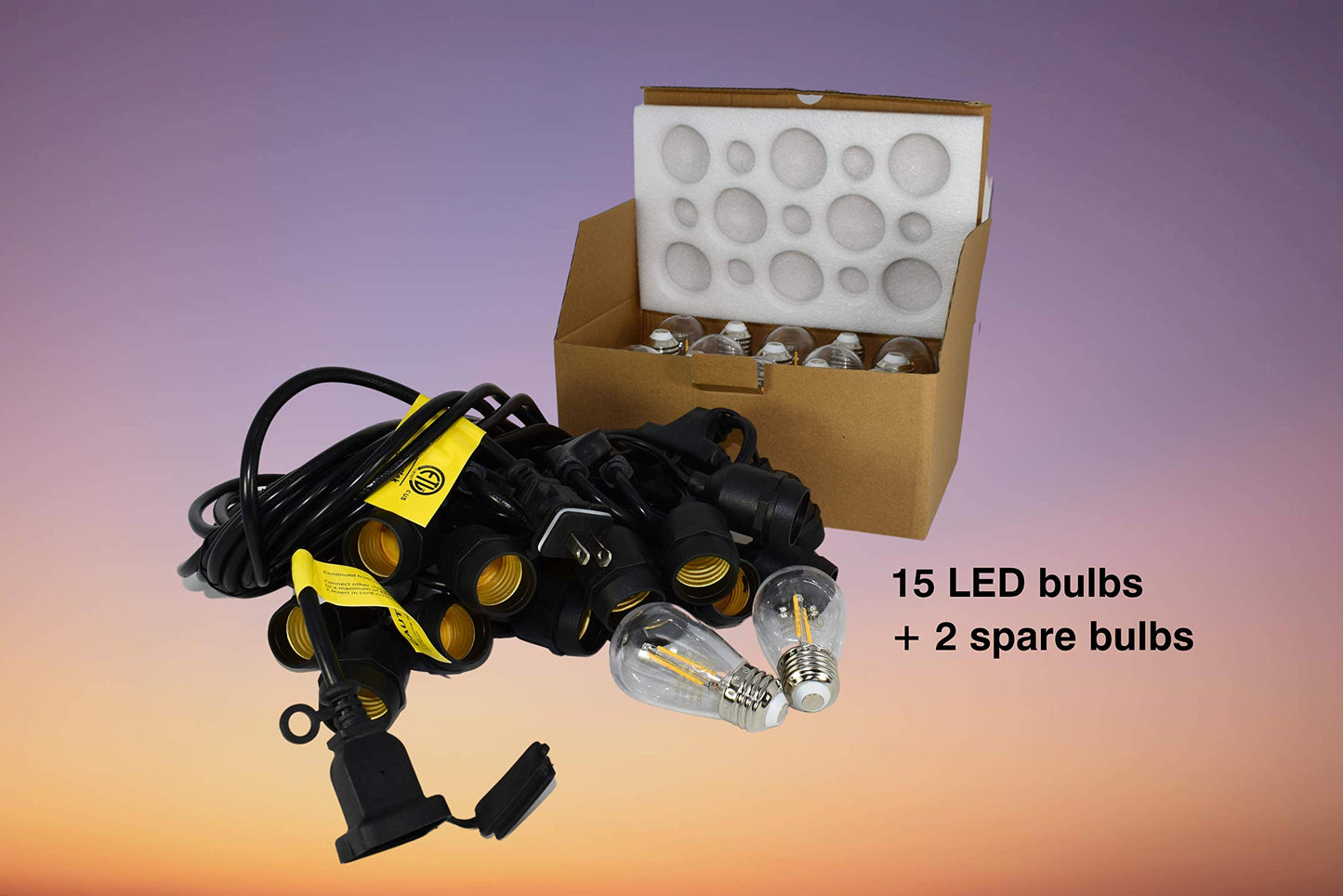 MW LED String Lights Outdoor 48ft with 15 Hanging IP65 Weatherproof Sockets and 2W LED 2700K S14 LED Bulbs (2 Spare), CETL Certification