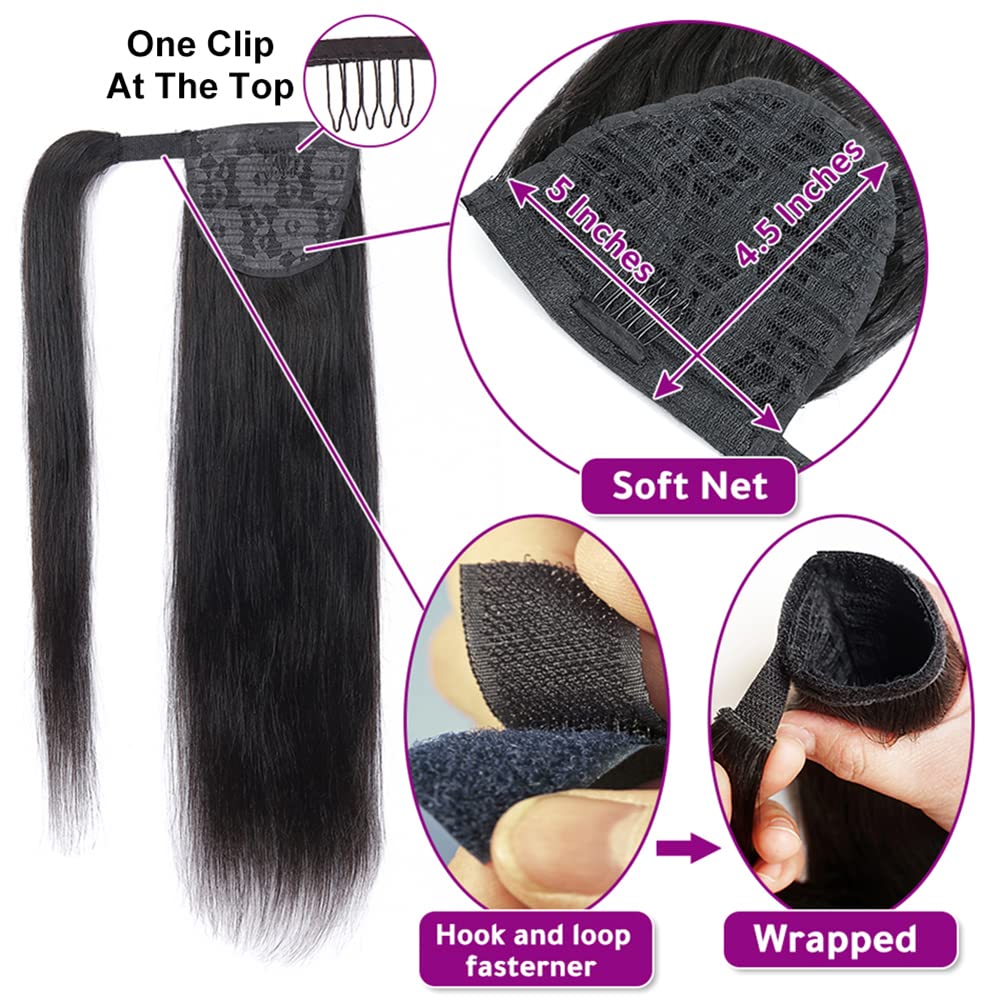 Alisfeel Wrap Around Ponytail Human Hair Extensions 10A Brazilian Straight Ponytail for Black Women Unprocessed Remy Human Hair Pony Tail with Magic Paste Clip In Extension Hairpiece 110g (22 Inch)