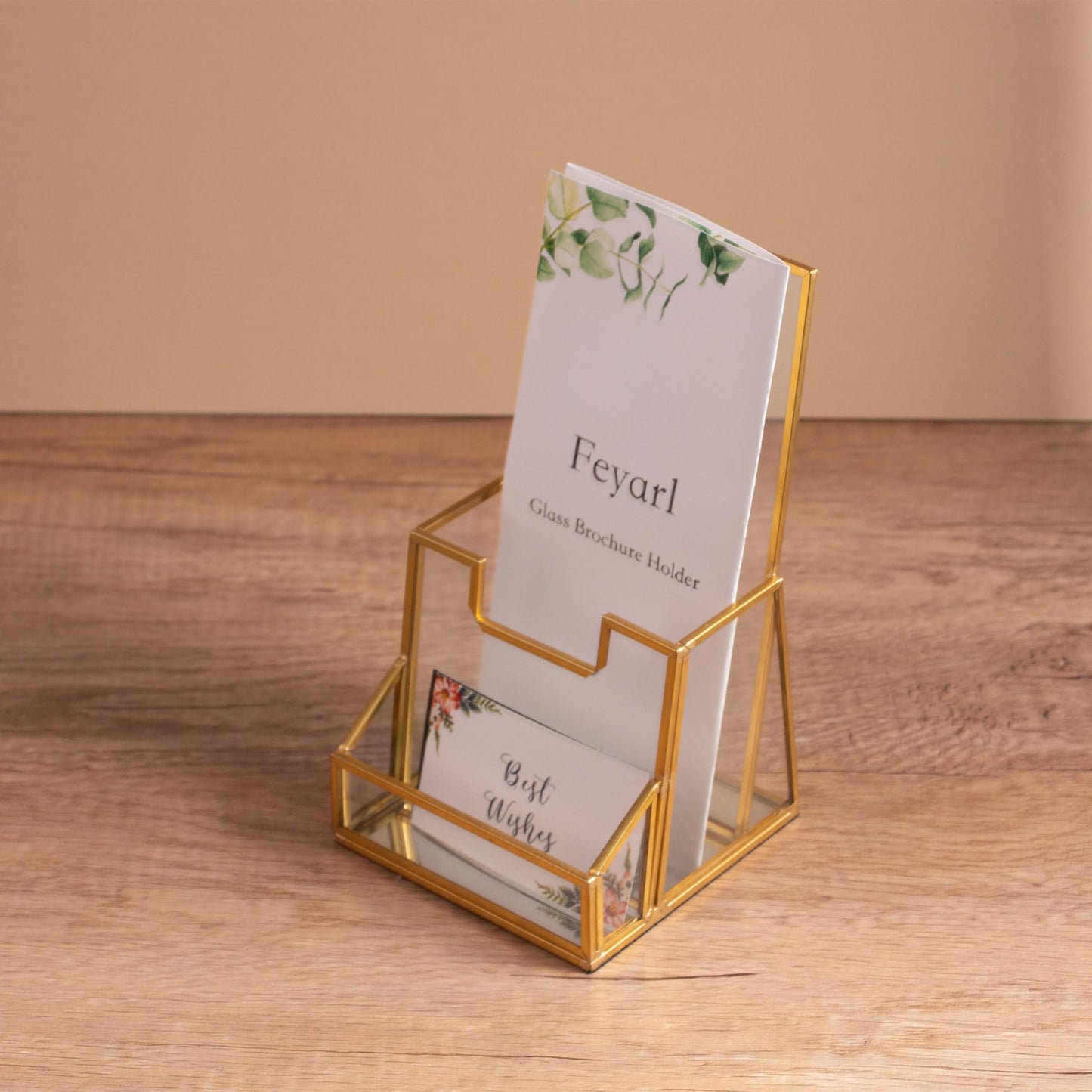 Feyarl Gold Glass Brochure Holder Pamphlets Cards Literature Holder Flyer for 4" Trifold Holder Glass Display Stand with Business Card Holder for Brochures Magazines Literatures Display