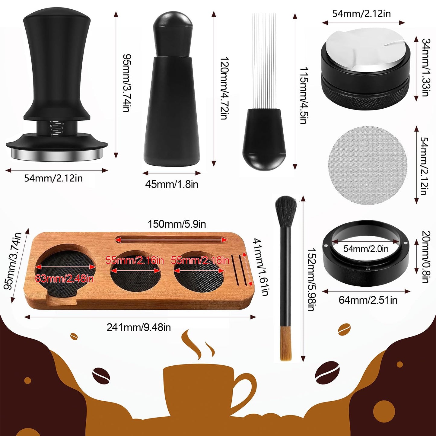 Espresso Accessories 7-Pcs Set, 54mm Espresso Tamper,wdt Tool,(Coffee Tamper with Wooden Espresso Tamper Base, Portafilter, Stirrer, Measuring Funnel, Brush, Ice Cube Strainer)