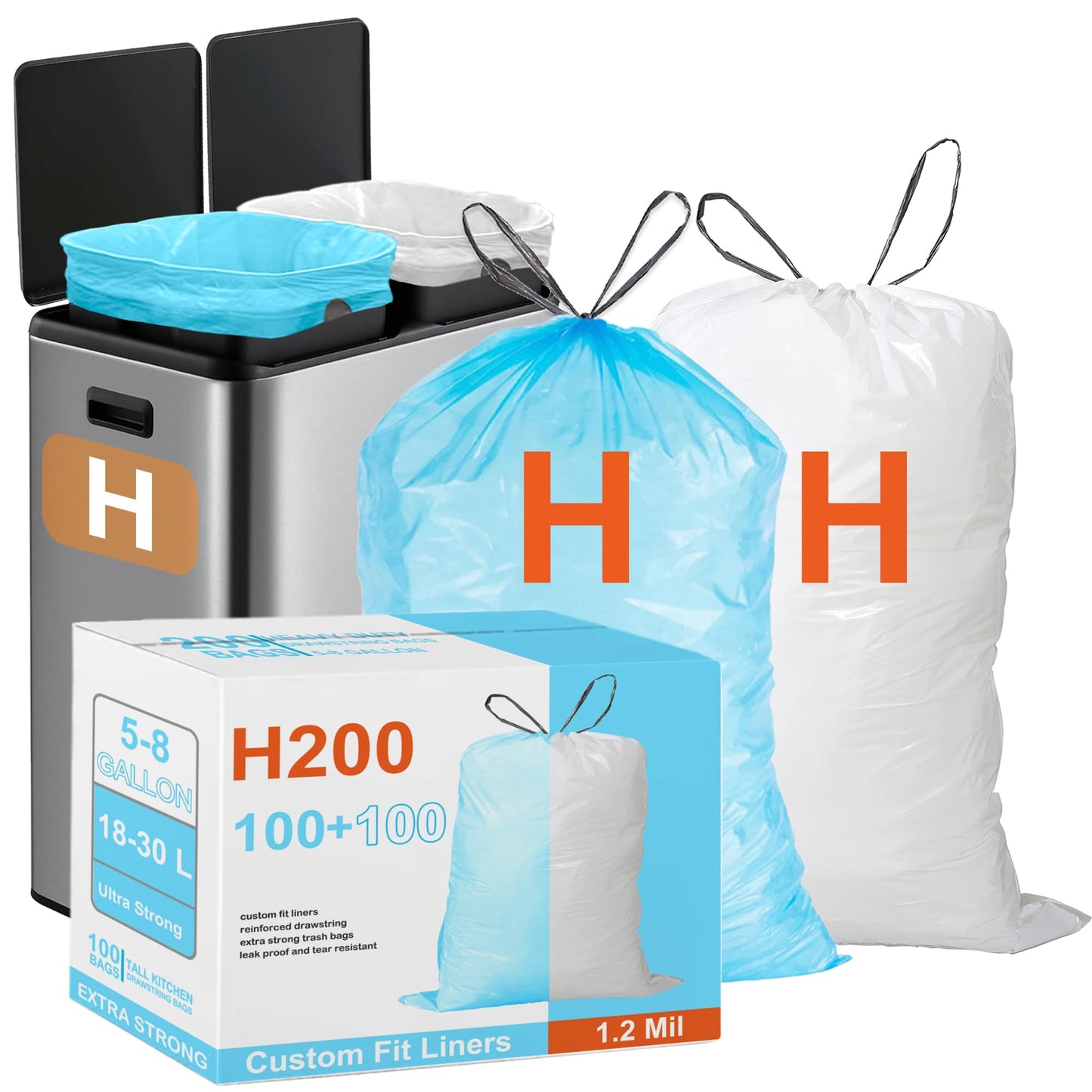 Code H 200 Count White 100 & Blue 100 8 Gallon 1.2 Mil THICK Heavy Duty Plastic Trash Bags with Reinforced Drawstring Compatible with simpIehuman Code H Leak-Proof Tear Resistant GRAND SAVE!