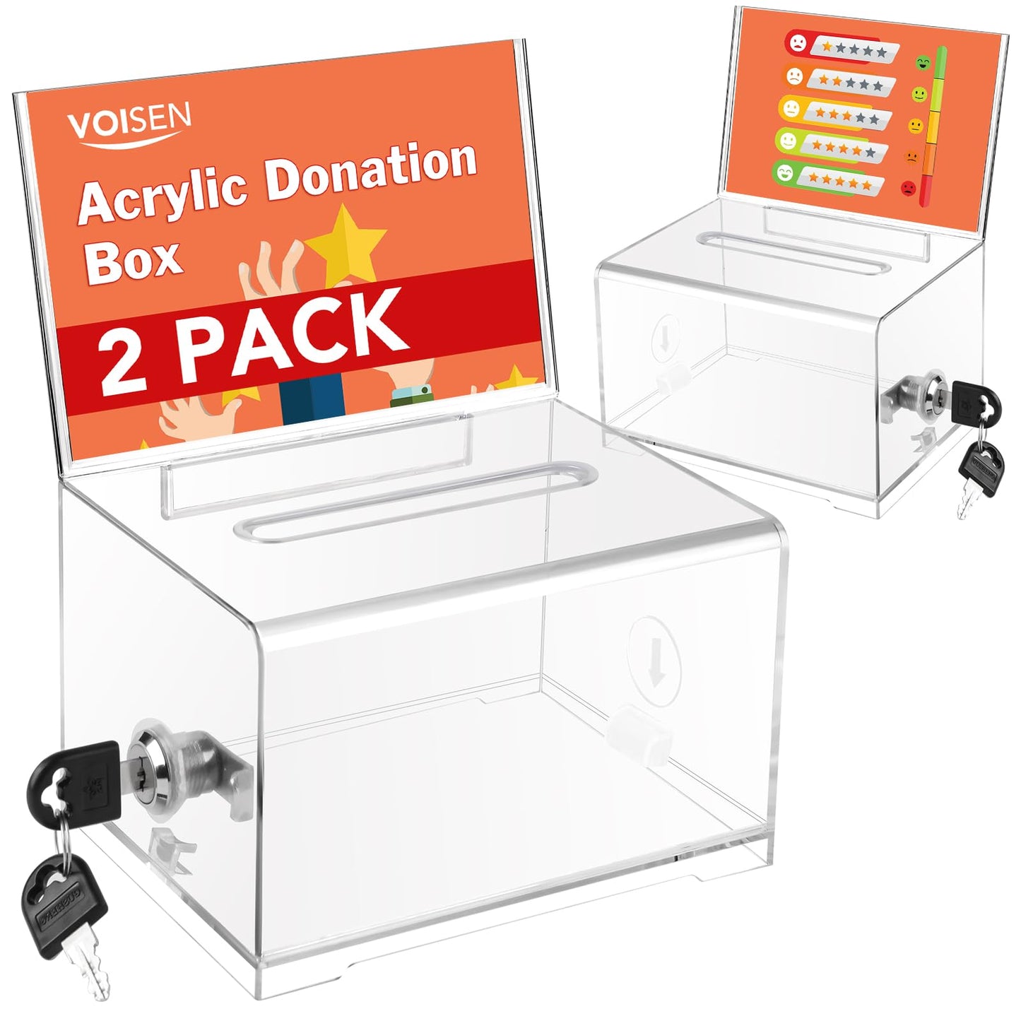 VOISEN Clear Donation Box with Lock,2 Pack Ballot Box with Sign Holder, 6.2x4.6x3.9 Inch