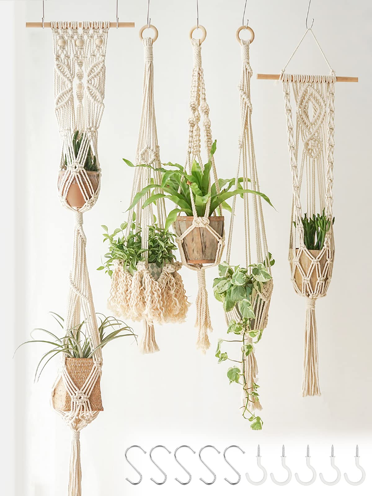 5 Pack Macrame Plant Hangers Hanging Planter, Cotton Rope Hanging Plant Holders Decorative Flower Pots Indoor Outdoor Boho Home Decor (5 Size and 10 Hooks)
