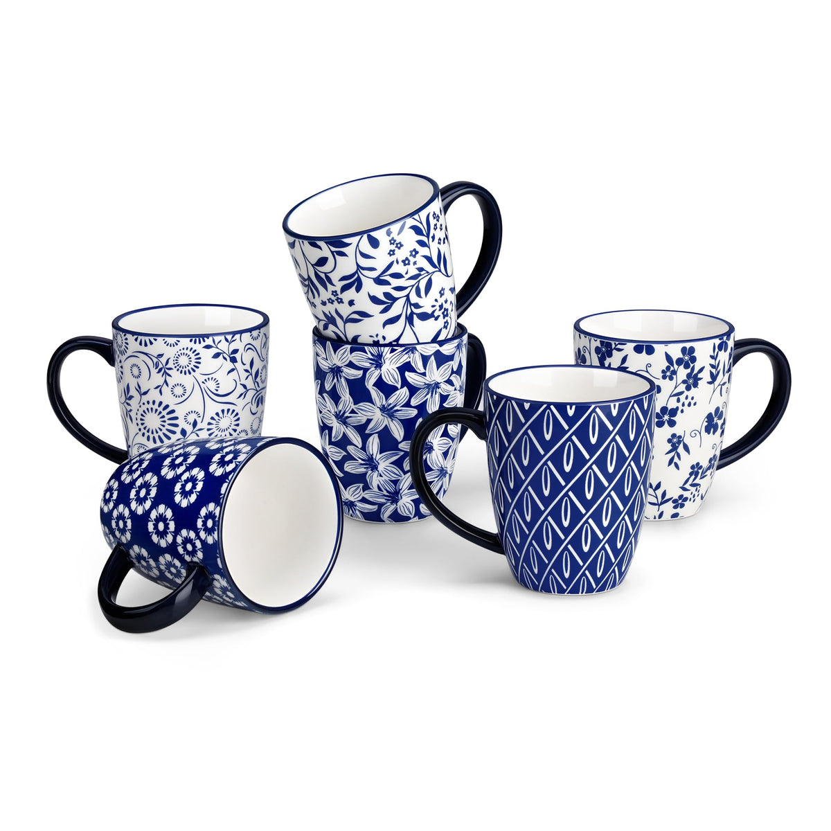 vancasso Selene Coffee Mugs Set of 6, 12 Oz Porcelain Coffee Cups with Handle, Ceramic Tea Cup for Cappuccino, Latte, Tea, Cocoa, Dishwasher & Microwave Safe Gift Sets, Vintage Blue